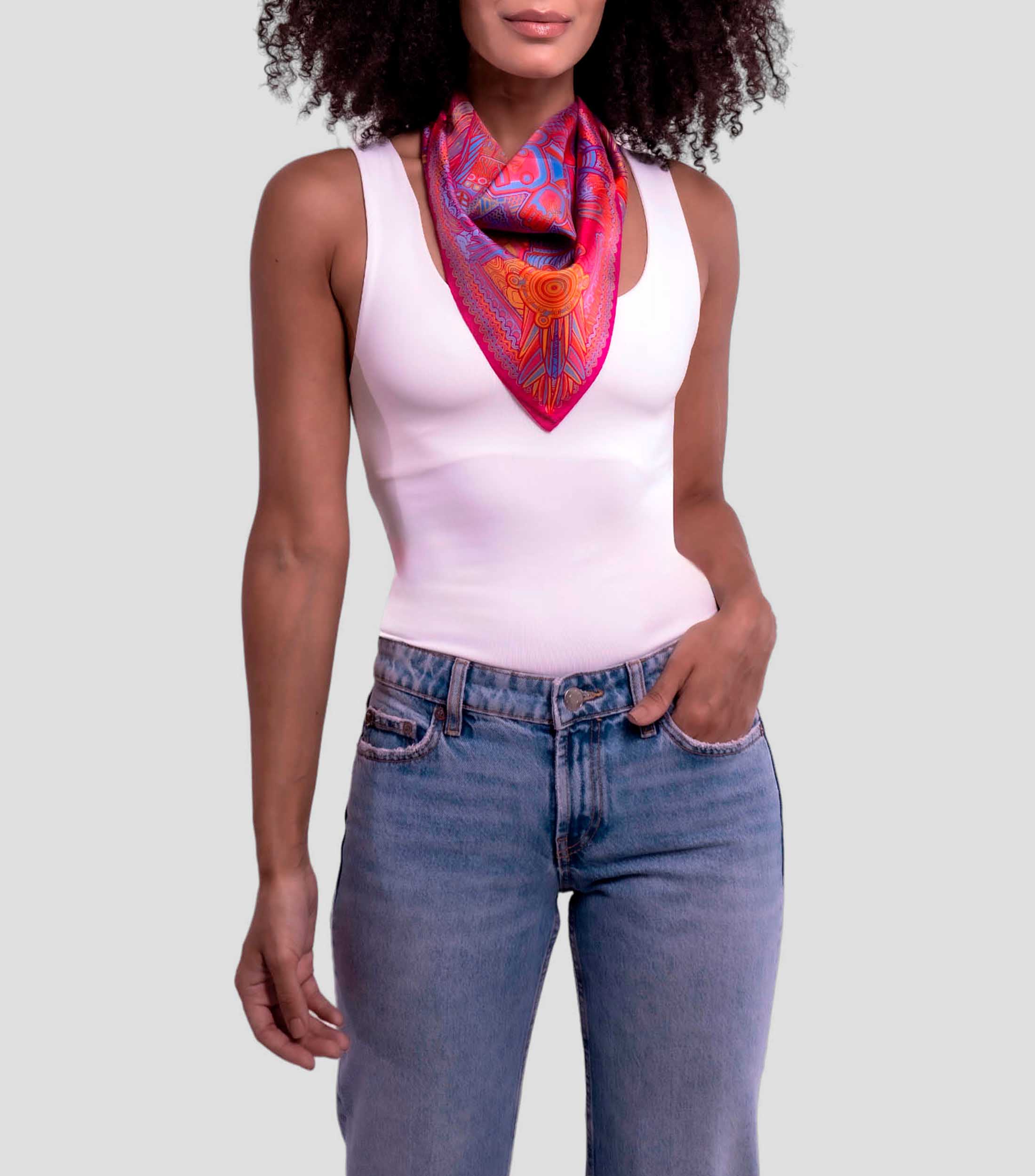 Mascada de seda fucsia estampada Mujer