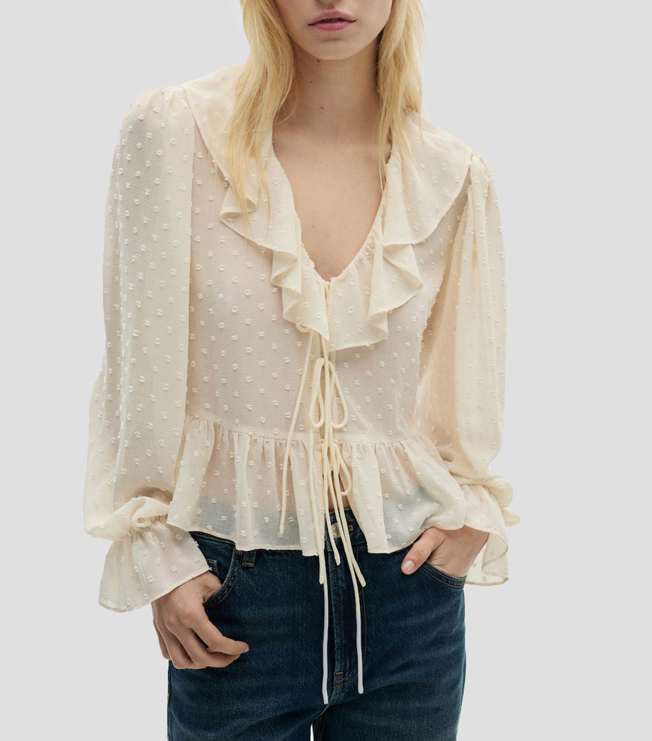 Blusa de cuello V y manga larga con volantes Mujer