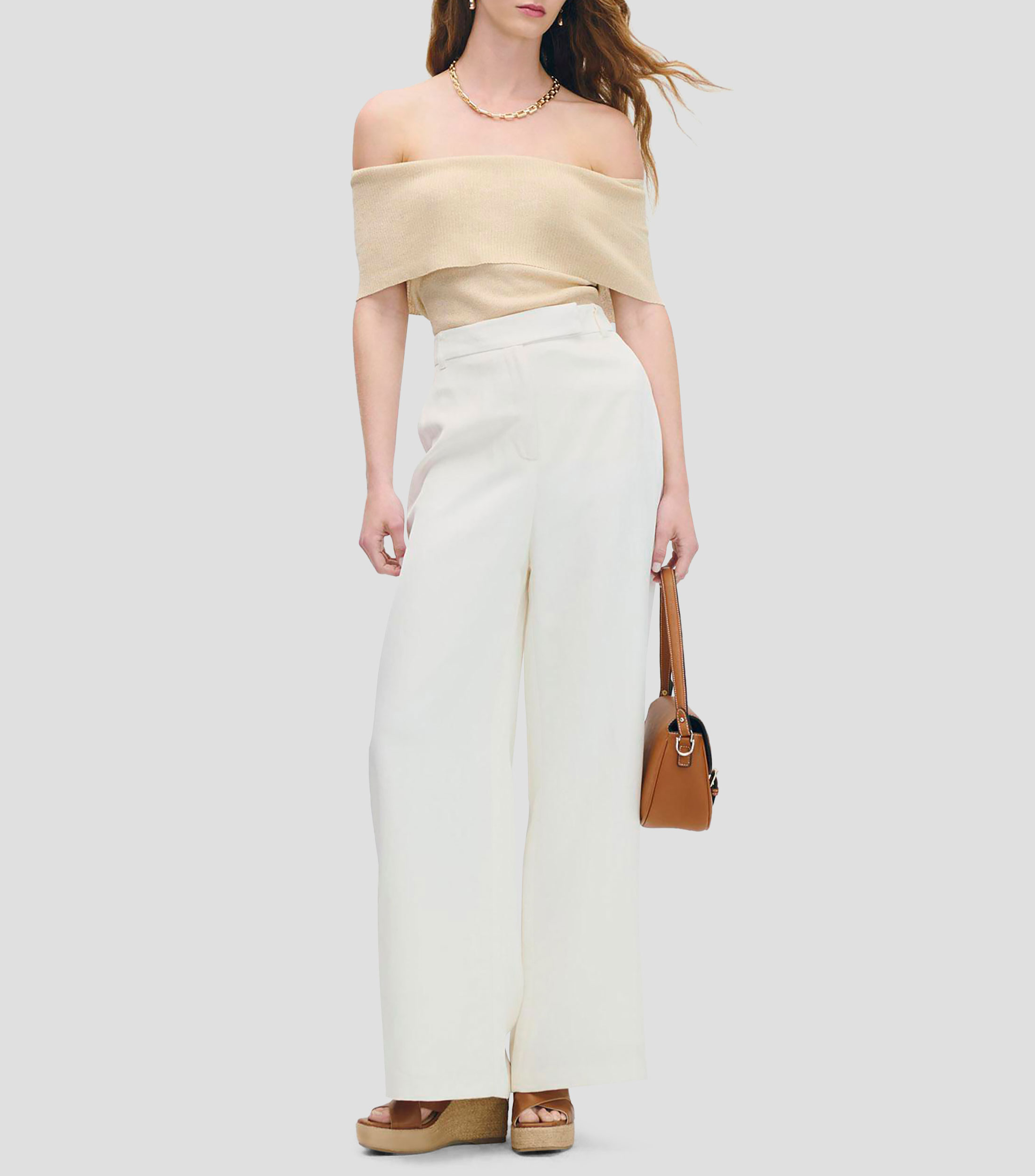 Blusa de punto escote bardot champagne con lúrex Mujer