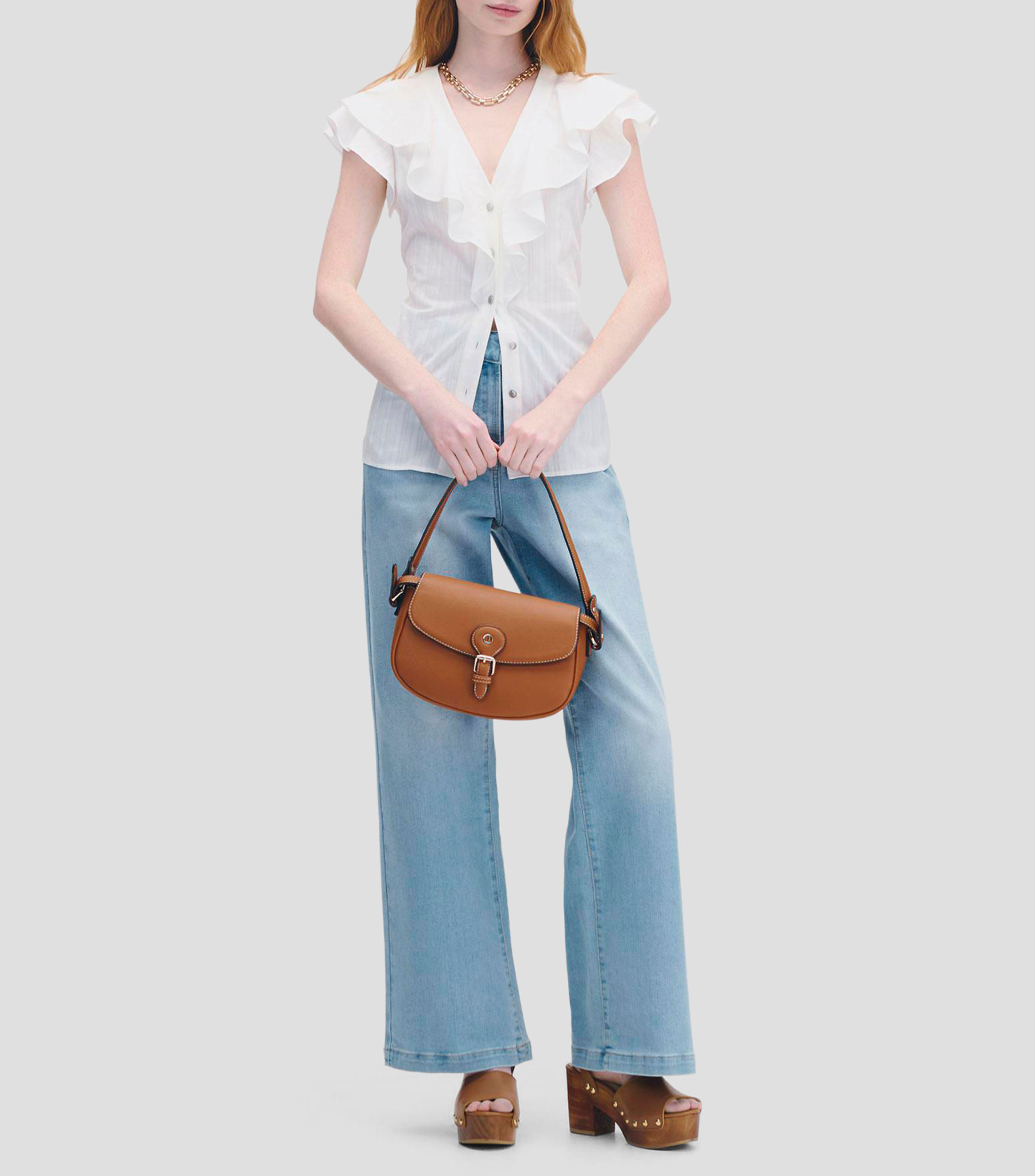 Blusa Blanca Voile con Textura Escote V con Escarolas Mujer