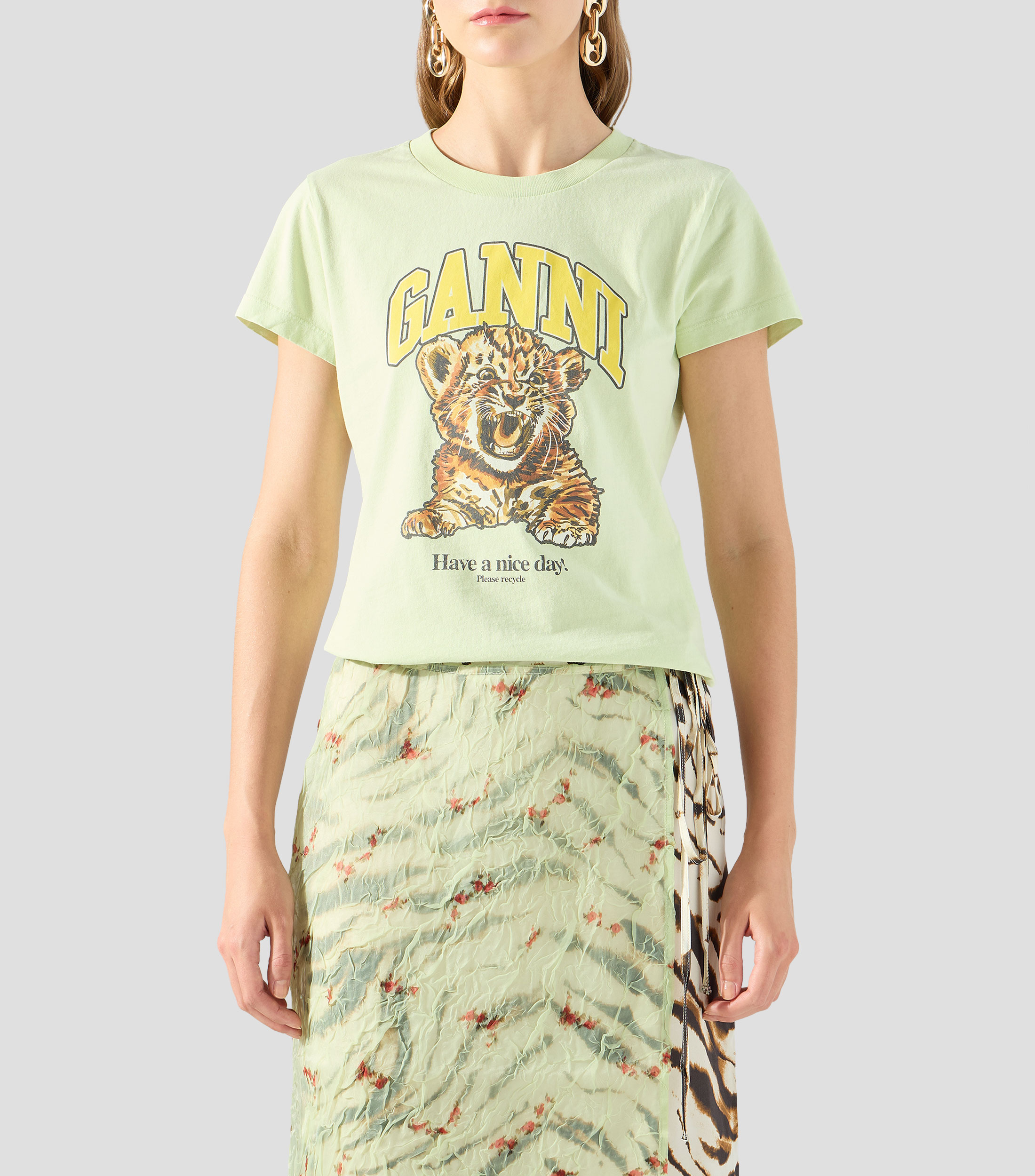Playera de cuello redondo con manga corta estampada Mujer