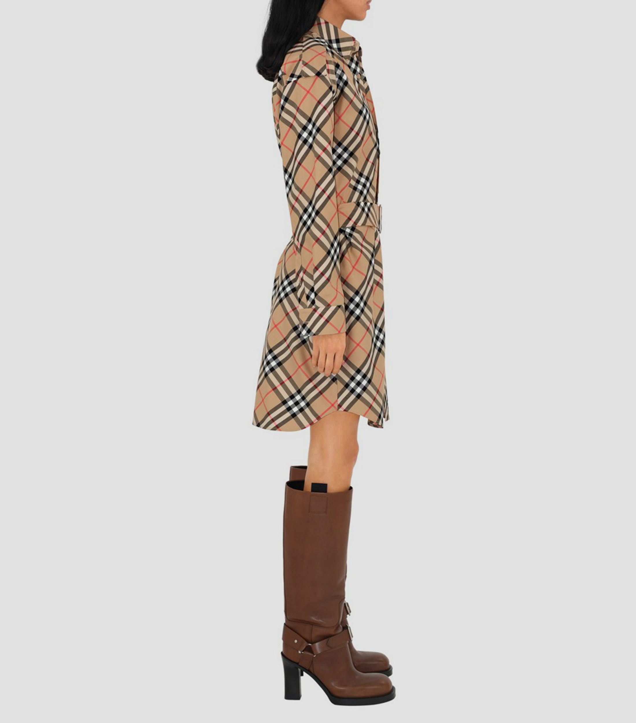 Vestido Midi manga larga cuadros Mujer