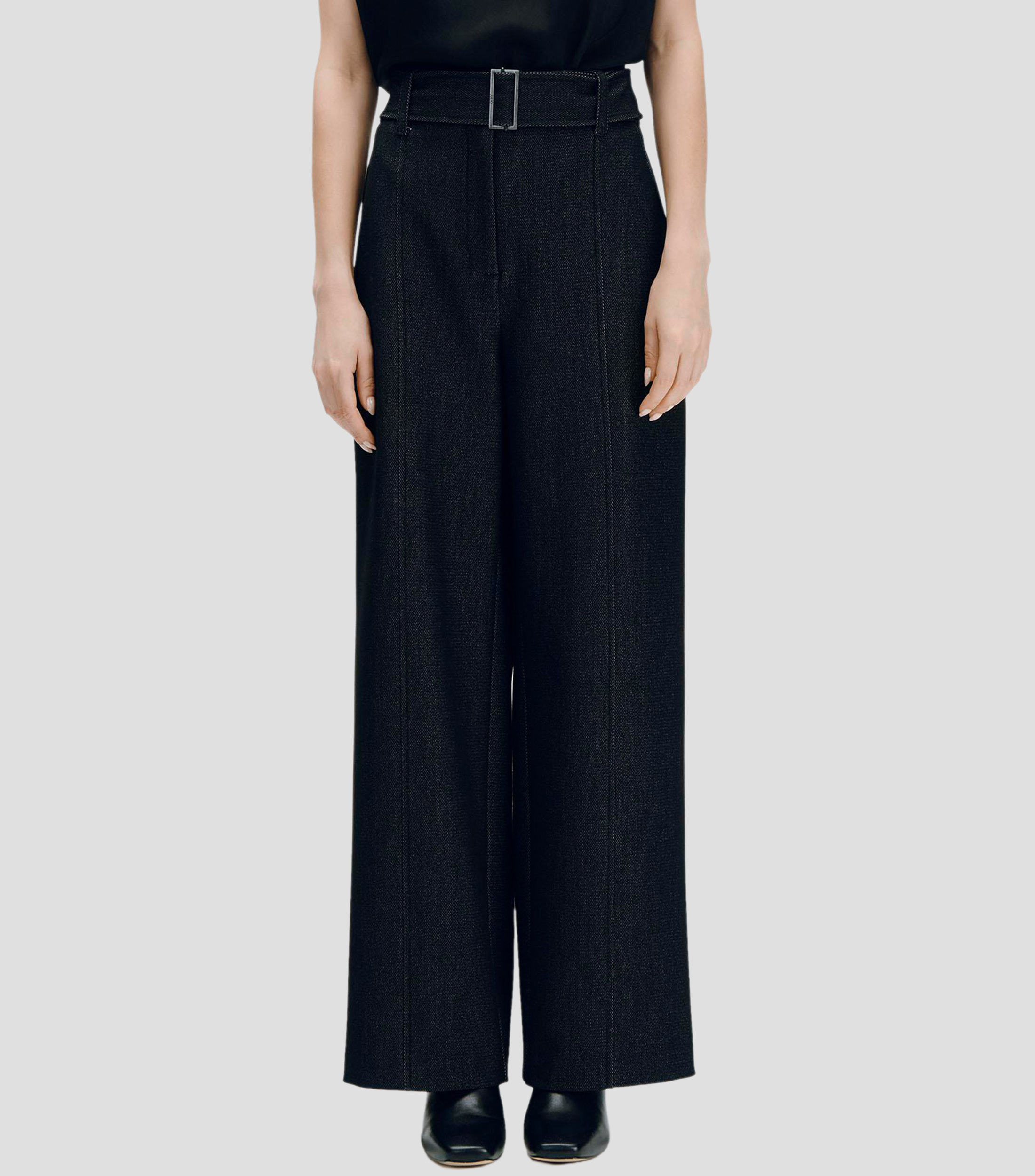 Pantalón negro con stretch de pierna ancha y tiro alto con efecto jaspeado y cinturón Mujer