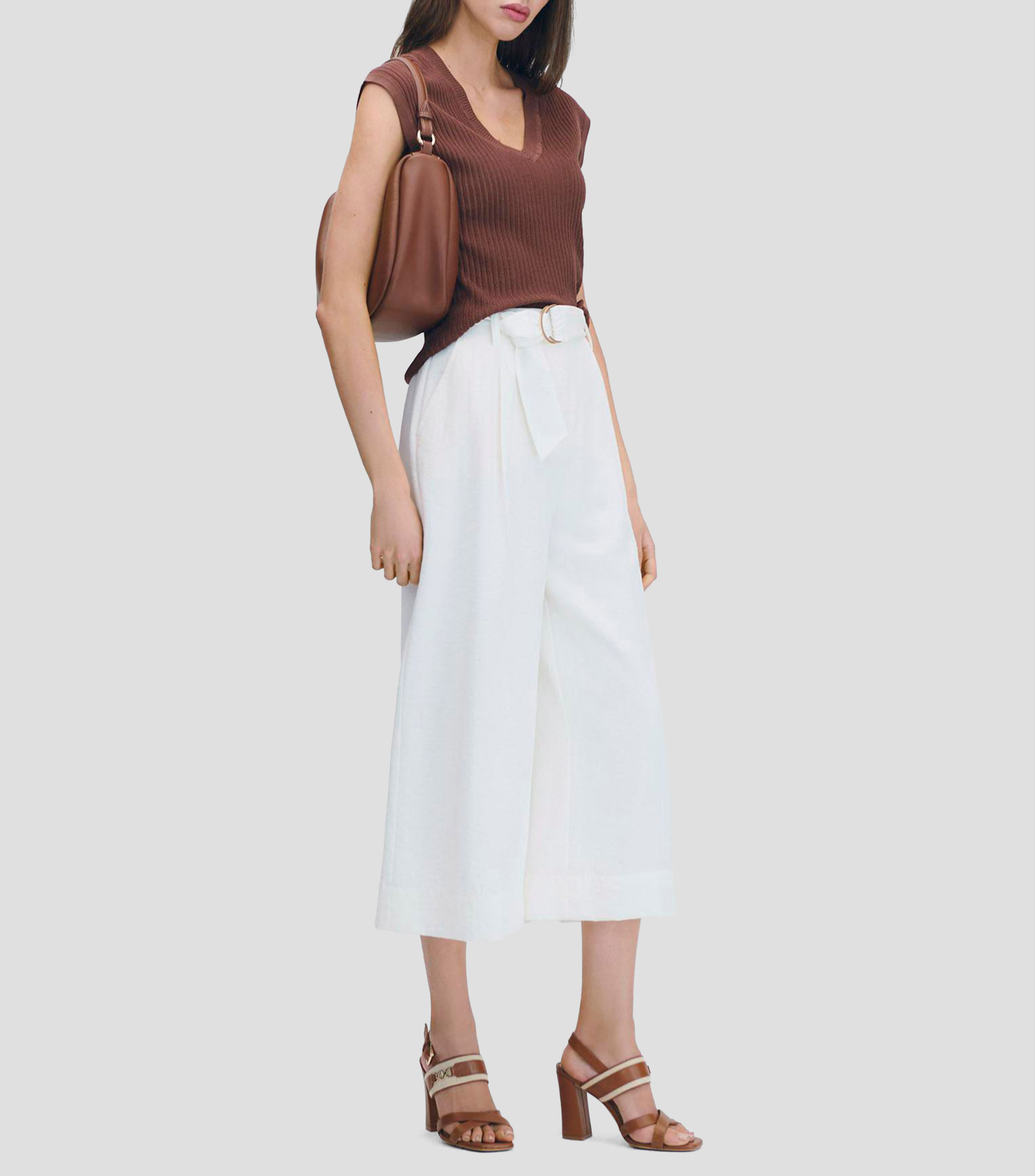 Pantalón Culotte Tiro Alto Pinzas Y Banda Mujer