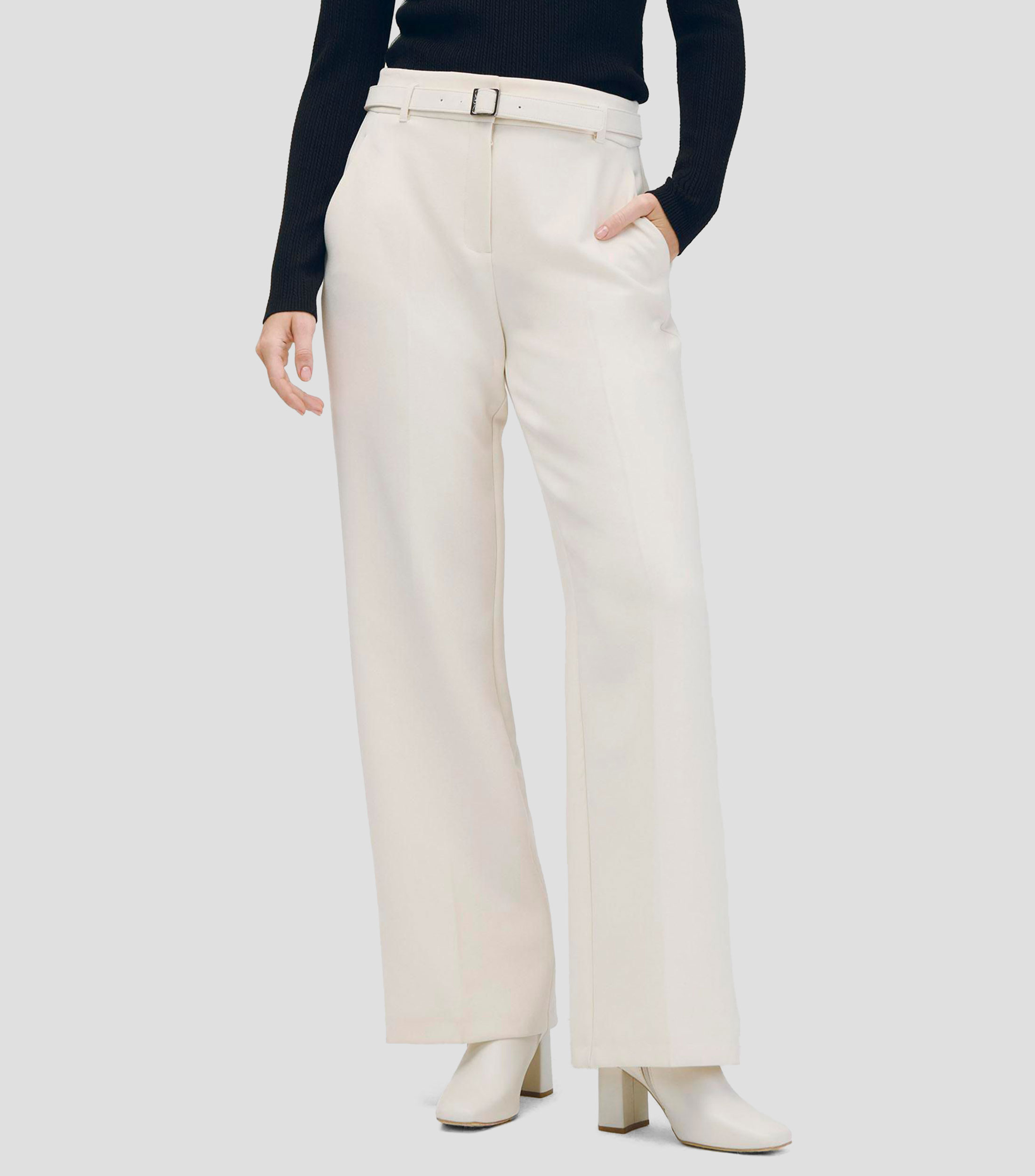 Pantalón Recto Fluido Tiro Alto Natural Con Cinturón Mujer
