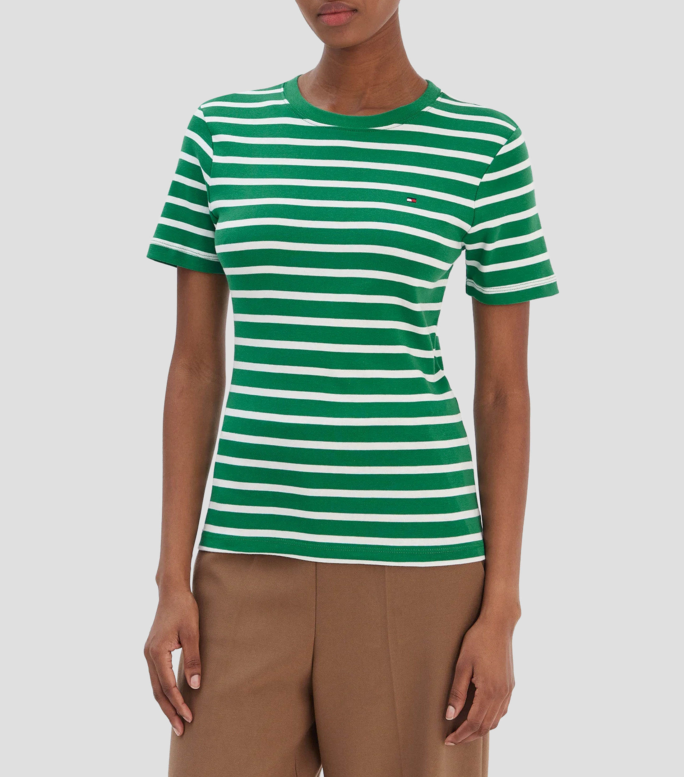 Playera cuello redondo manga corta con rayas Mujer