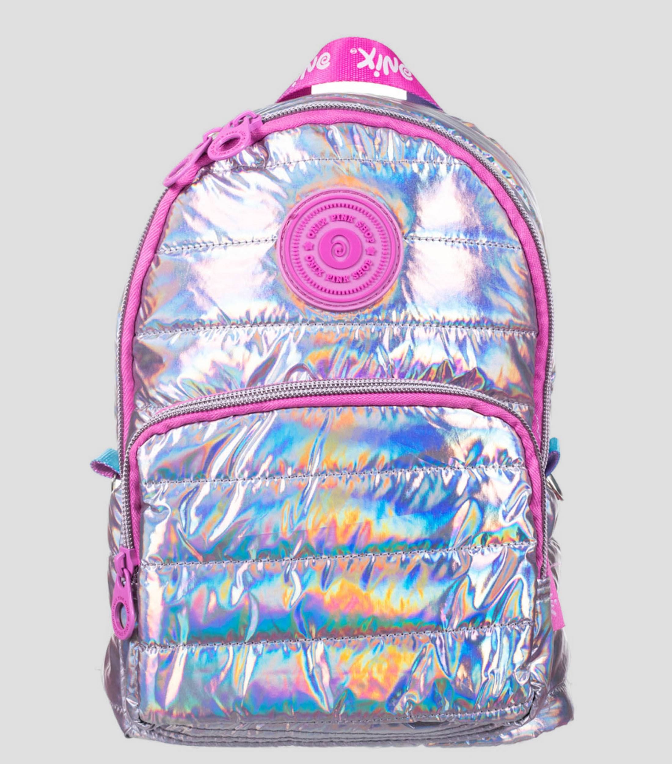 Bolso backpack plateado Space Holo Rainbow capitonado Niña