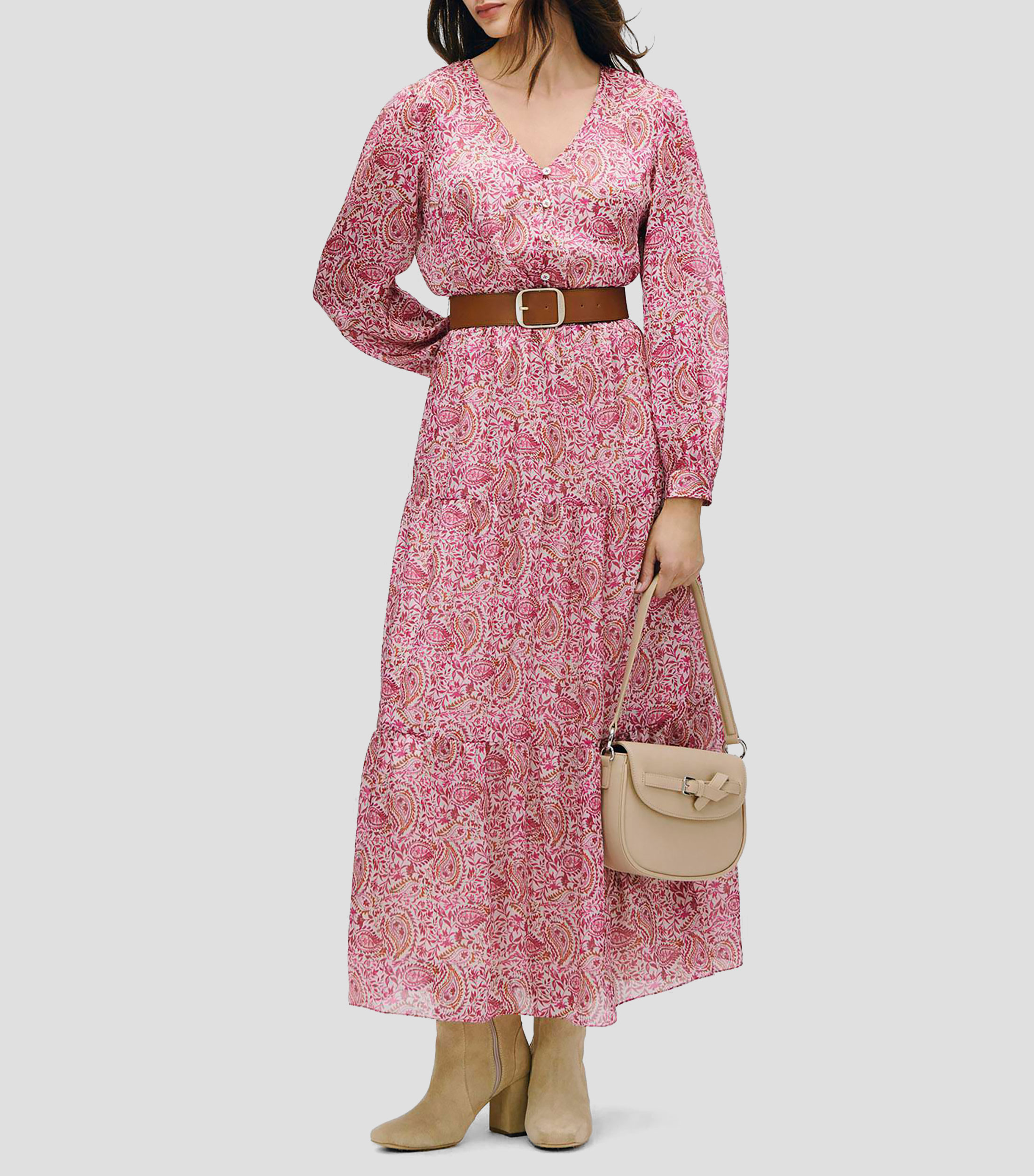 Vestido maxi de satín fucsia estampado ornamental con cinturón Mujer