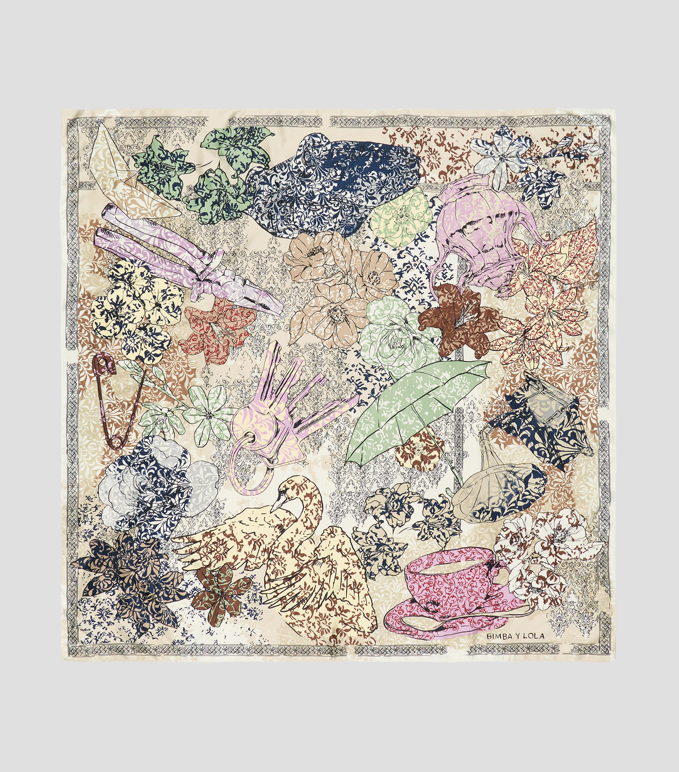 Pañuelo beige estampado bodegón arabescos Mujer