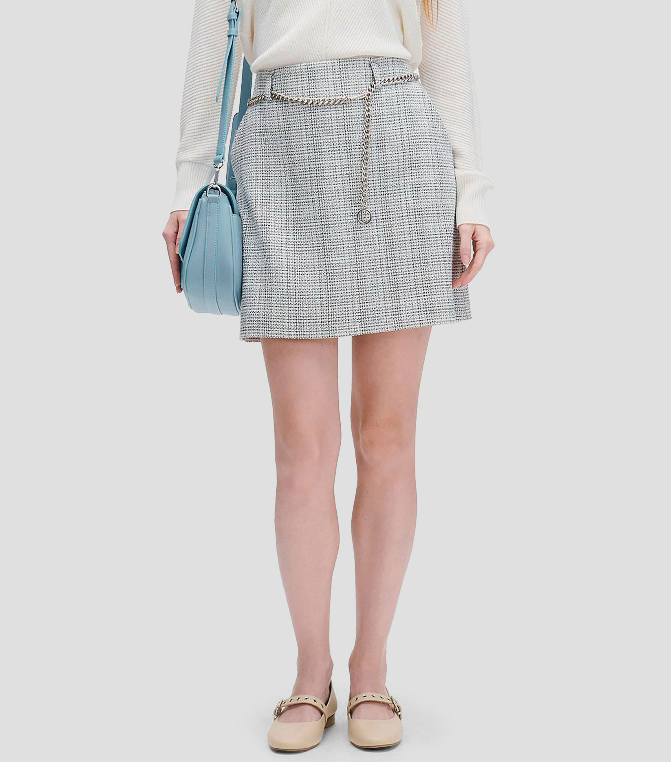 Mini Falda de Tweed Blanco y Negro con Cadena Mujer