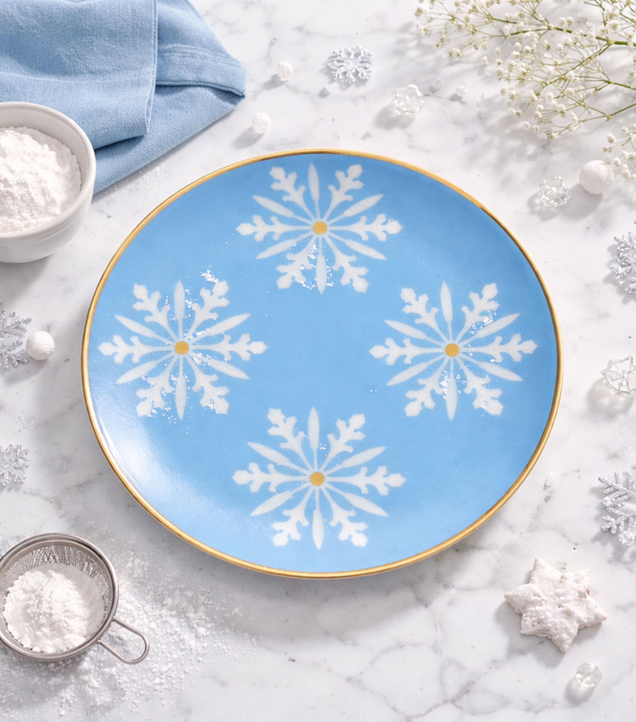 Plato con copos de nieve en porcelana