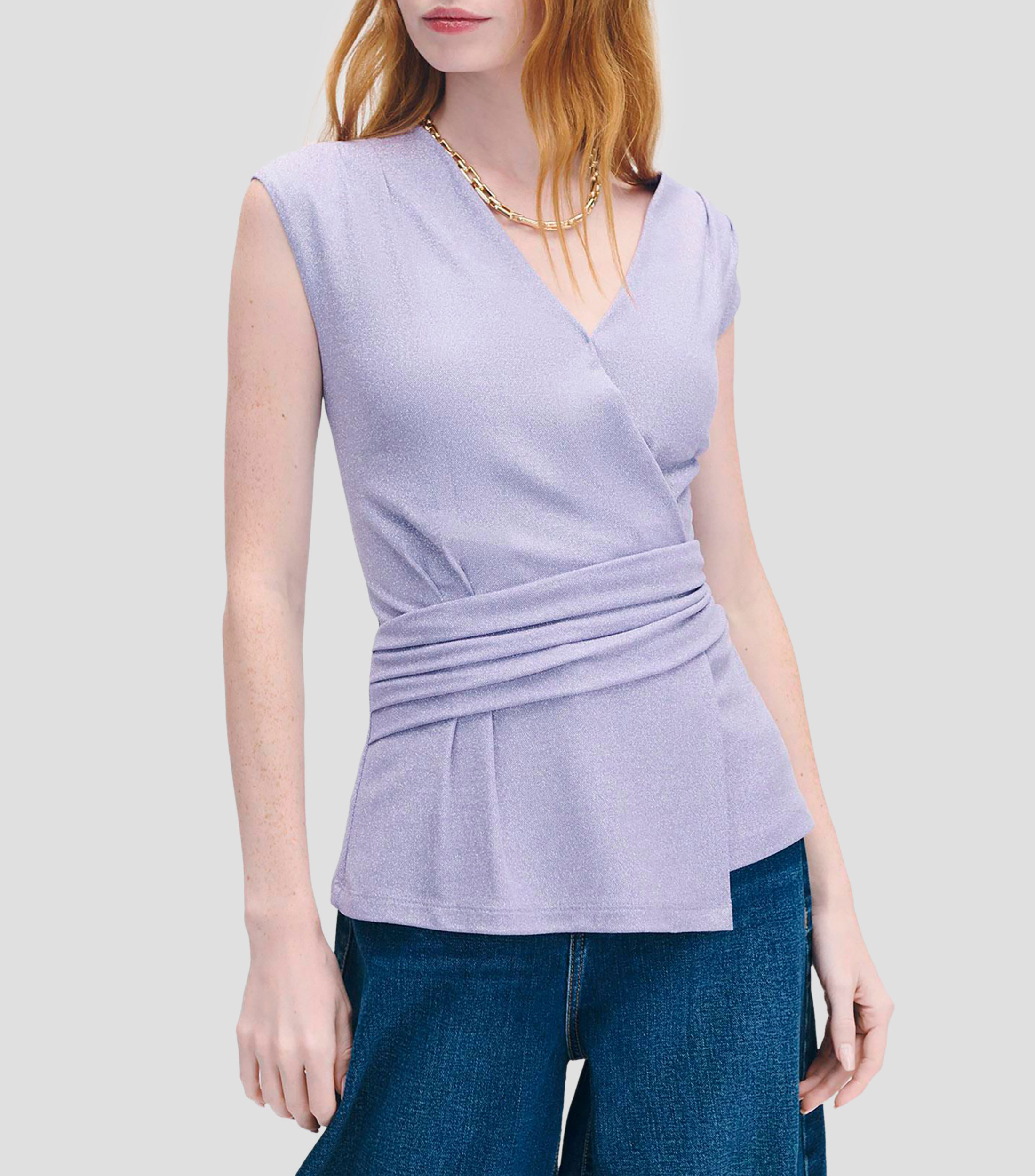 Blusa de Punto Lavanda con Lúrex Drapeado en Cintura Mujer