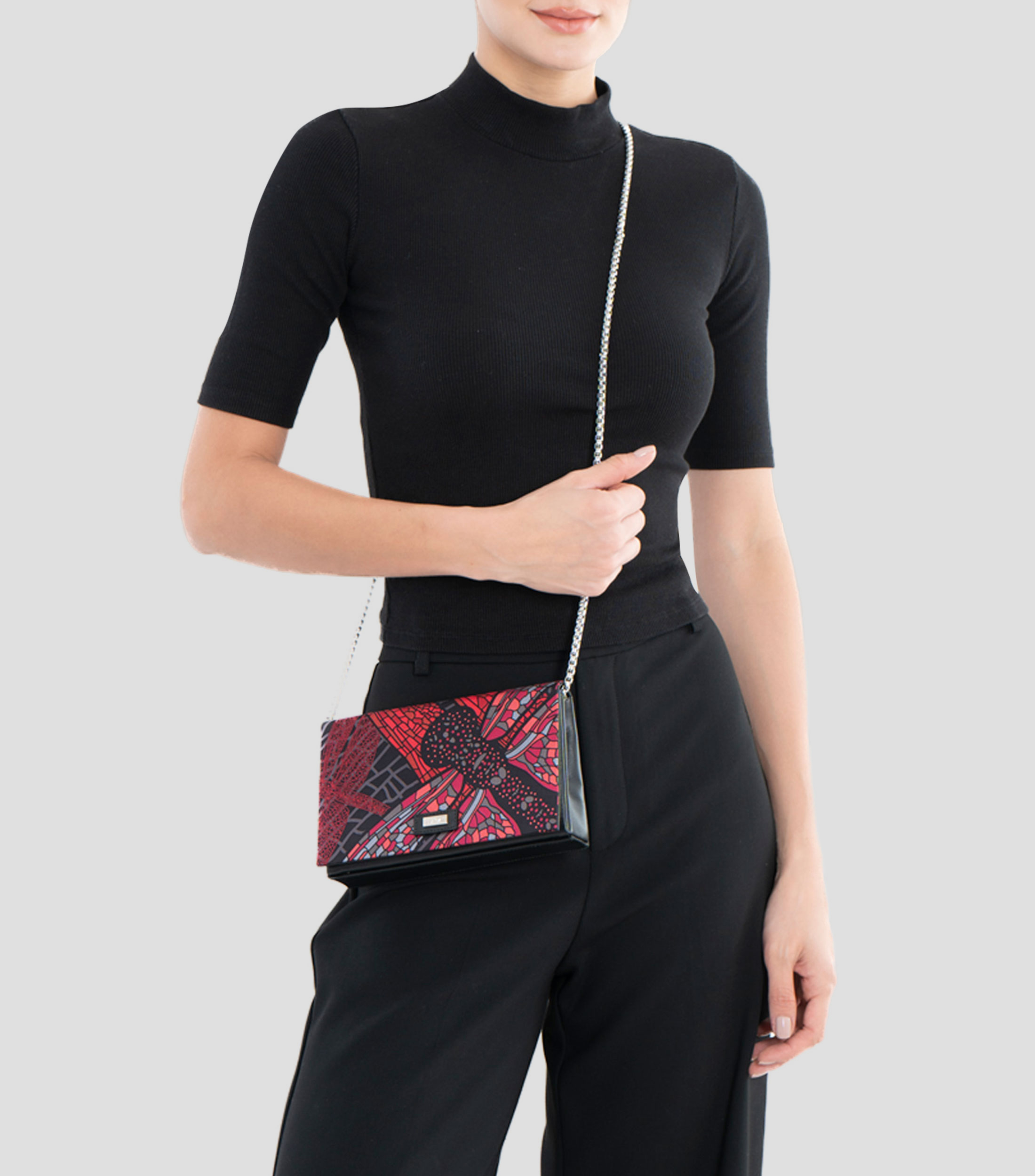 Bolsa Clutch rojo en piel con estampado de libélula Mujer