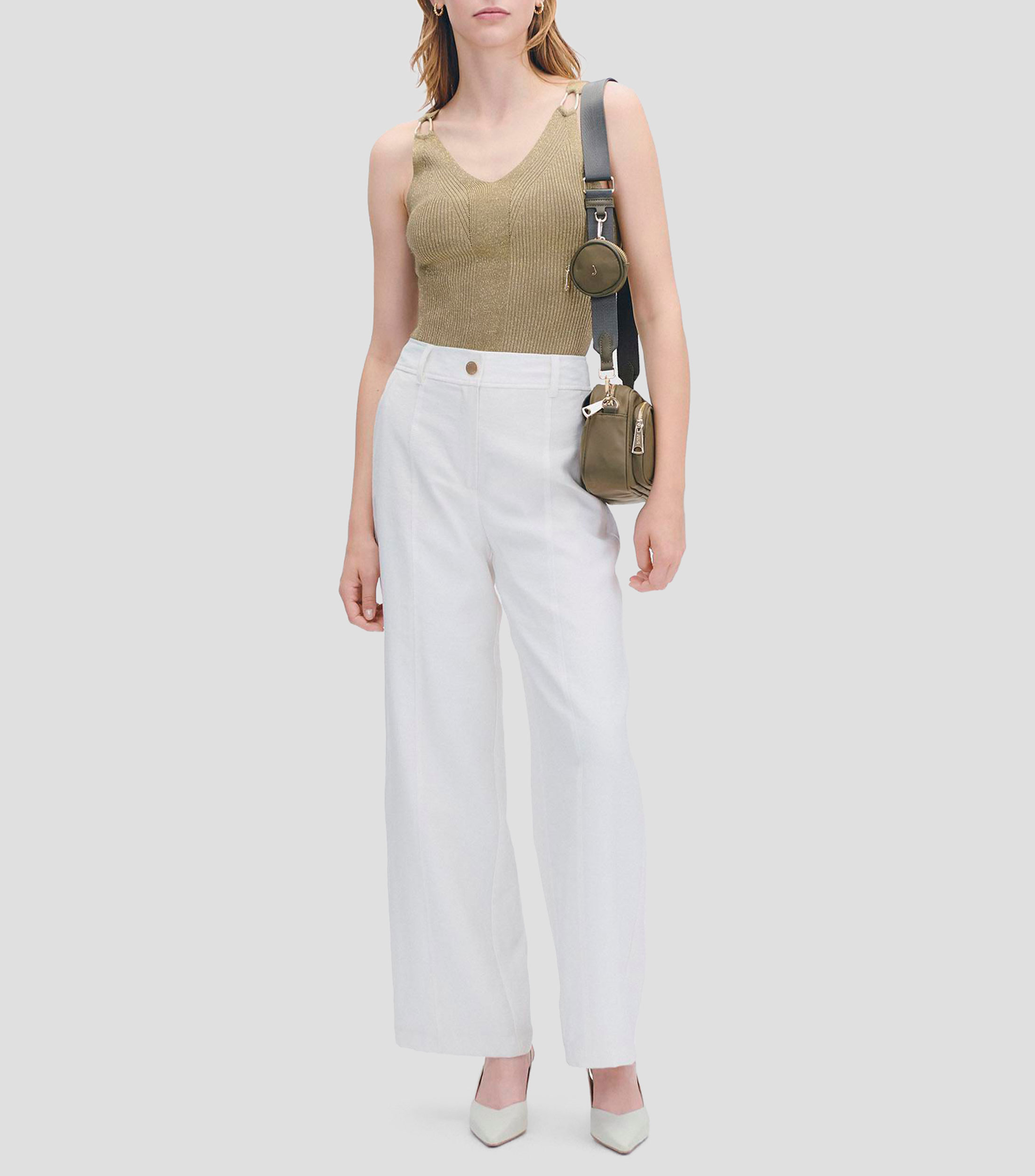 Blusa tejido canalé escote V tirantes con arillos con lúrex Mujer