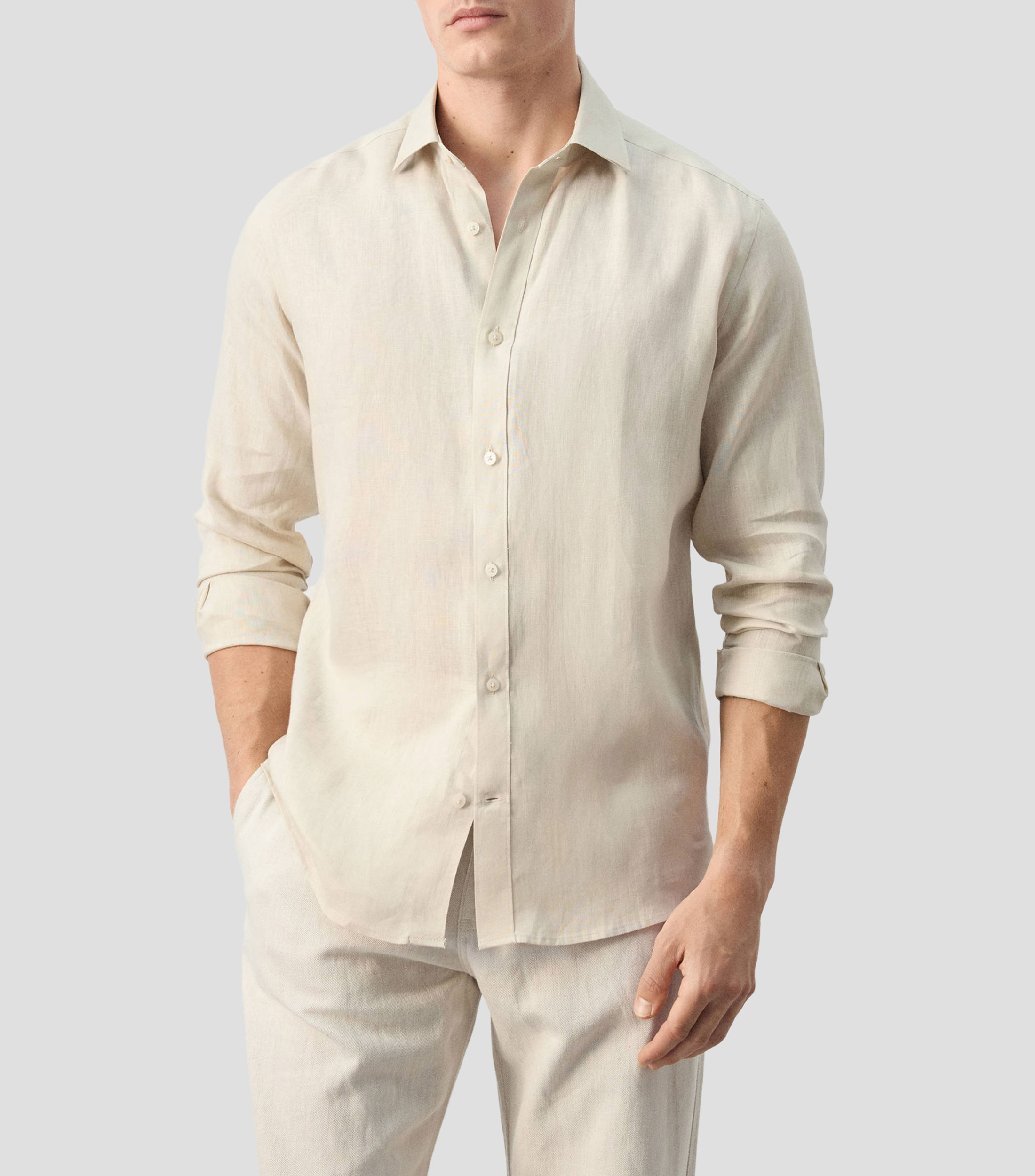 Camisa lisa de lino manga larga Hombre
