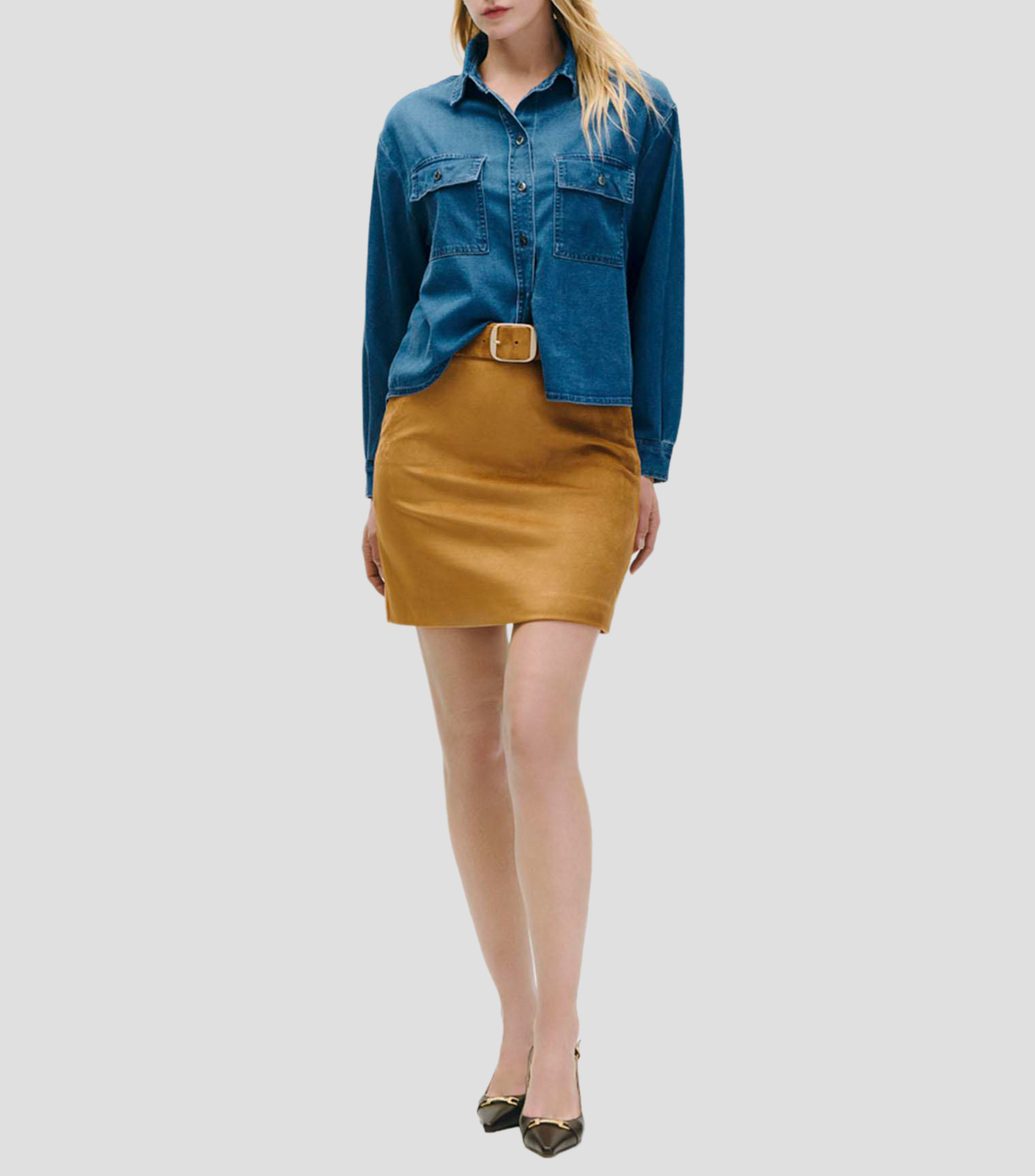Camisa Denim Azul Medio Bolsillos Tipo Cartera Mujer