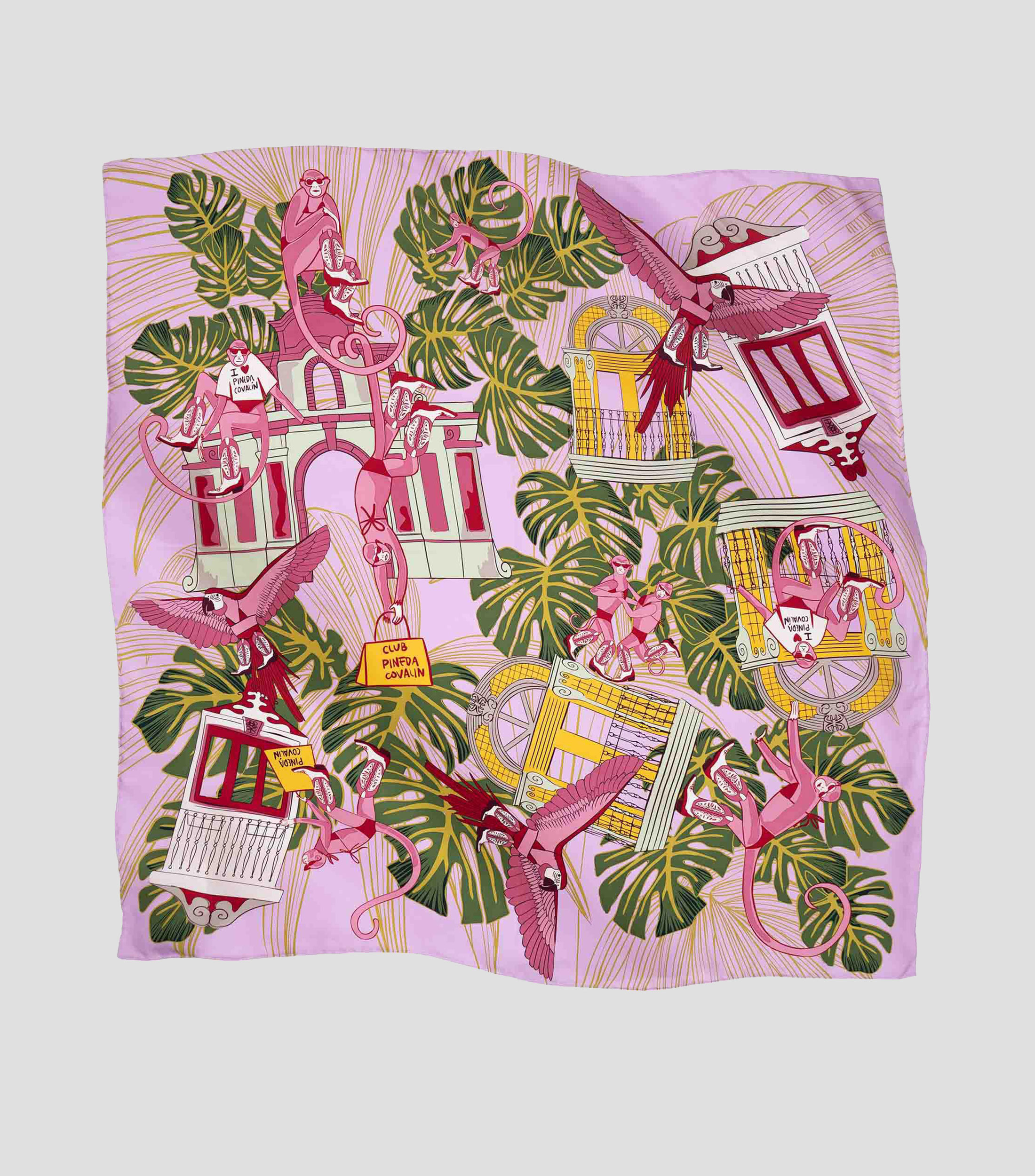 Mascada en seda rosa estampada Mujer