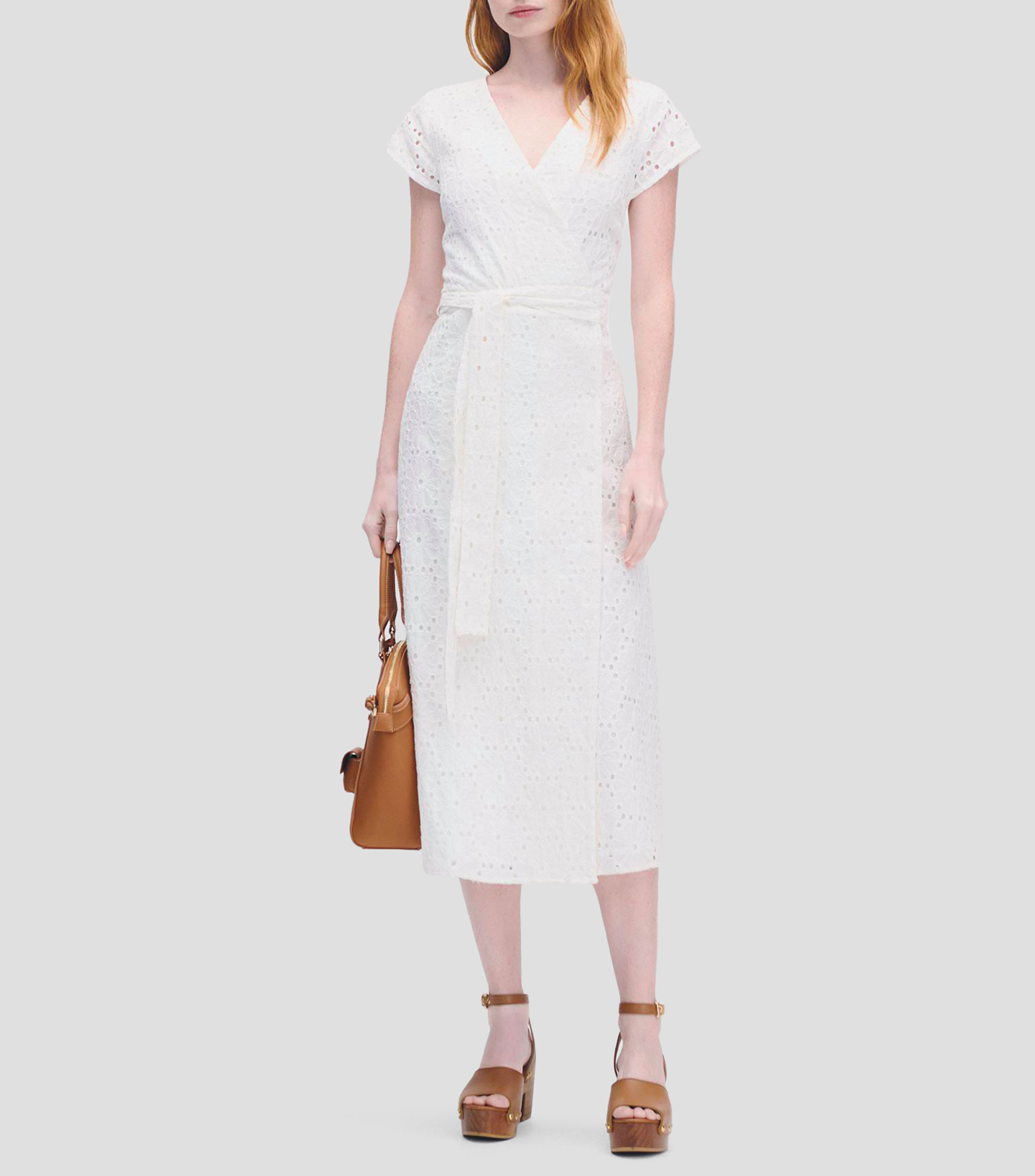 Vestido midi envolvente bordado floral con amarre Mujer