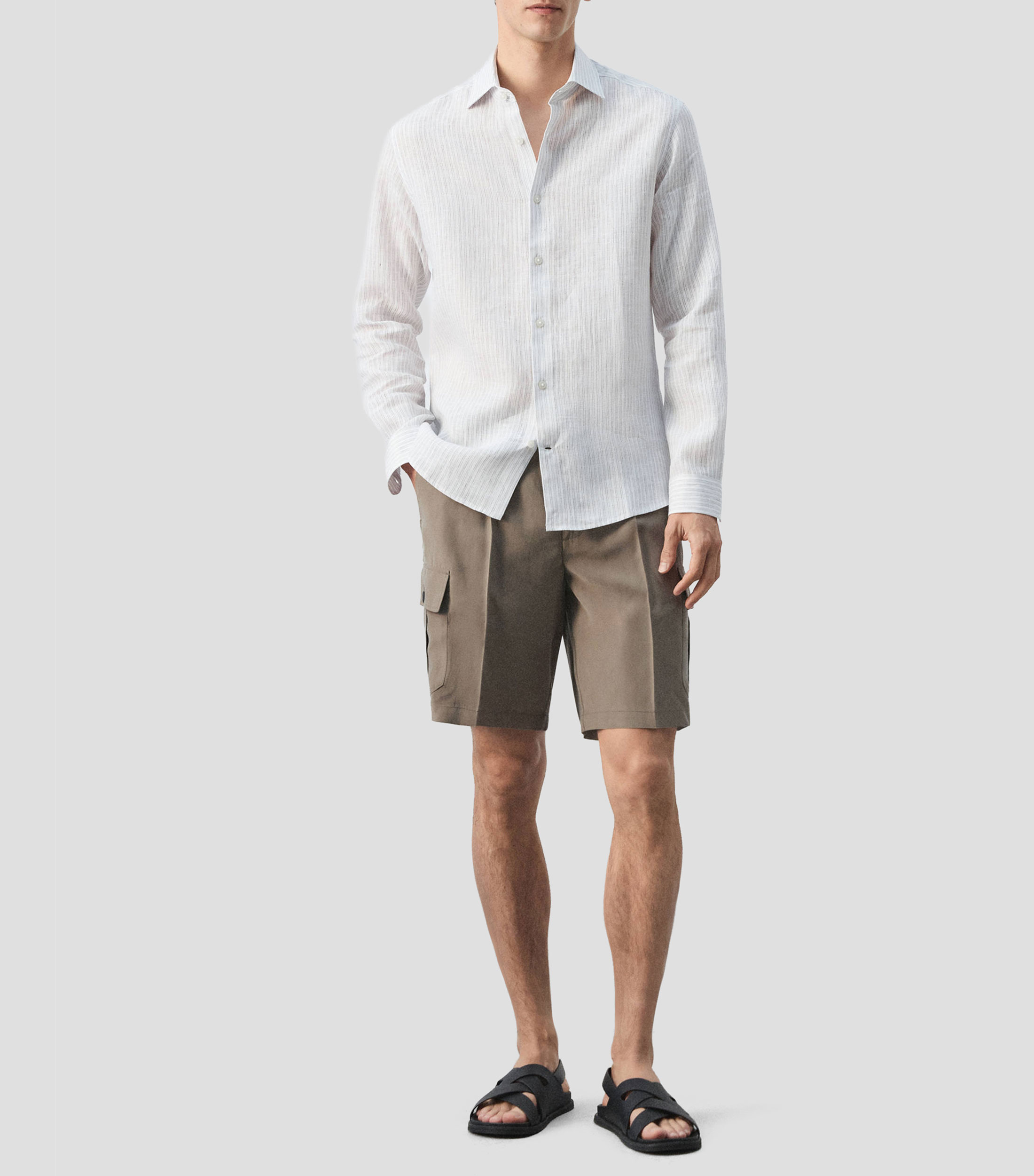 Camisa líneas de lino manga larga Hombre