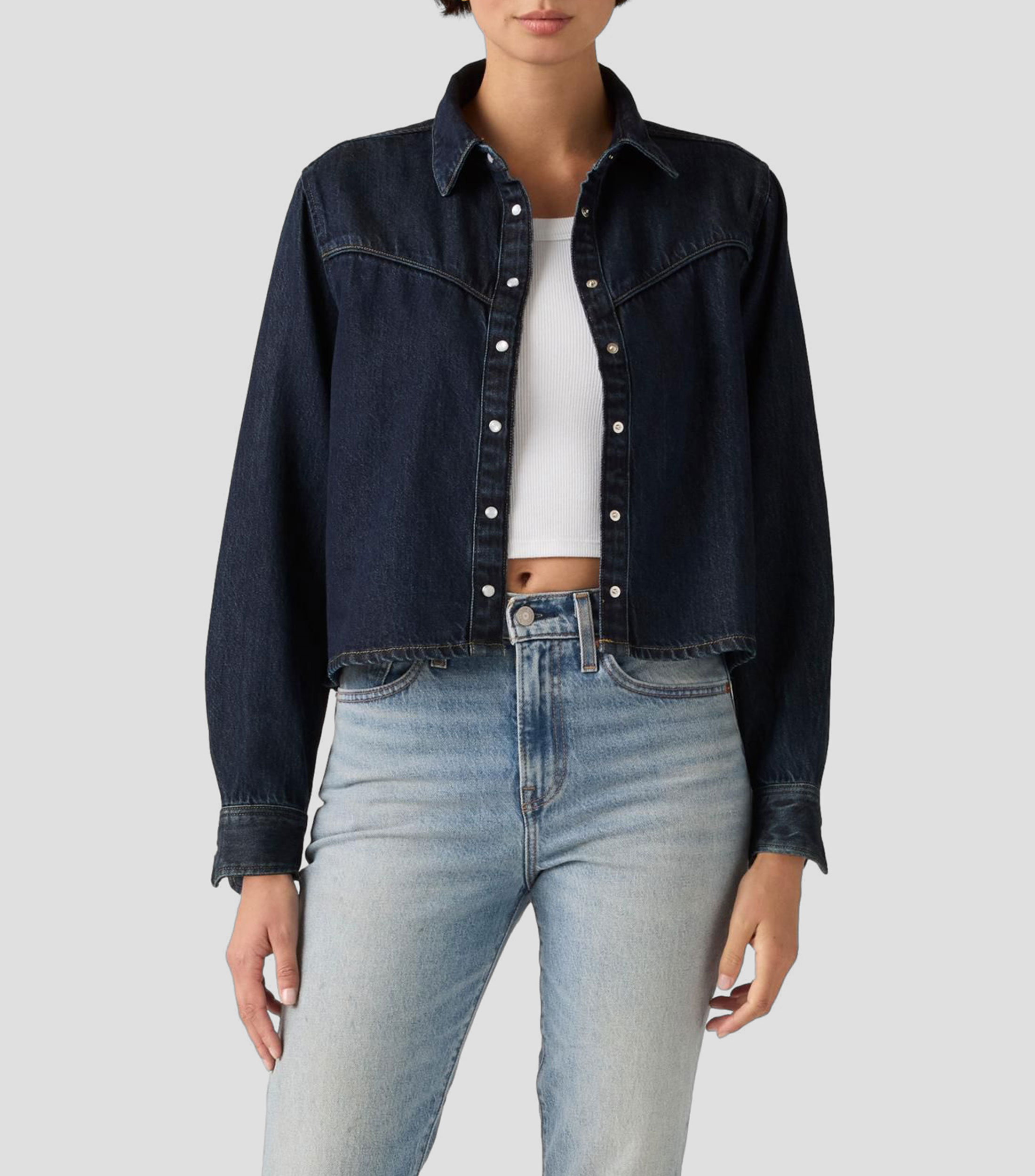 Camisa sólida en mezclilla manga larga Mujer