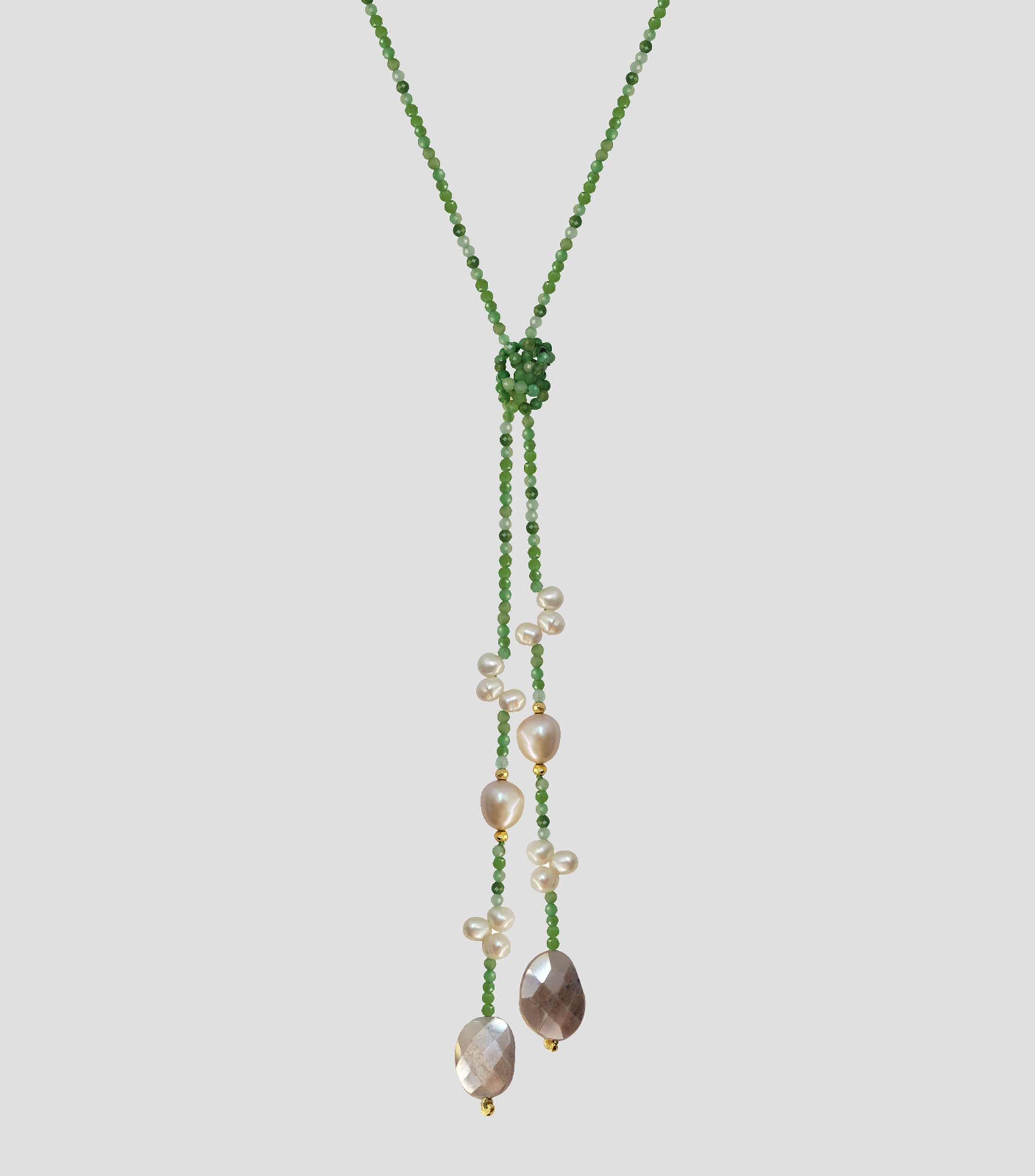 Collar lazo con crisoprasa, perlas y piedra lunar Mujer