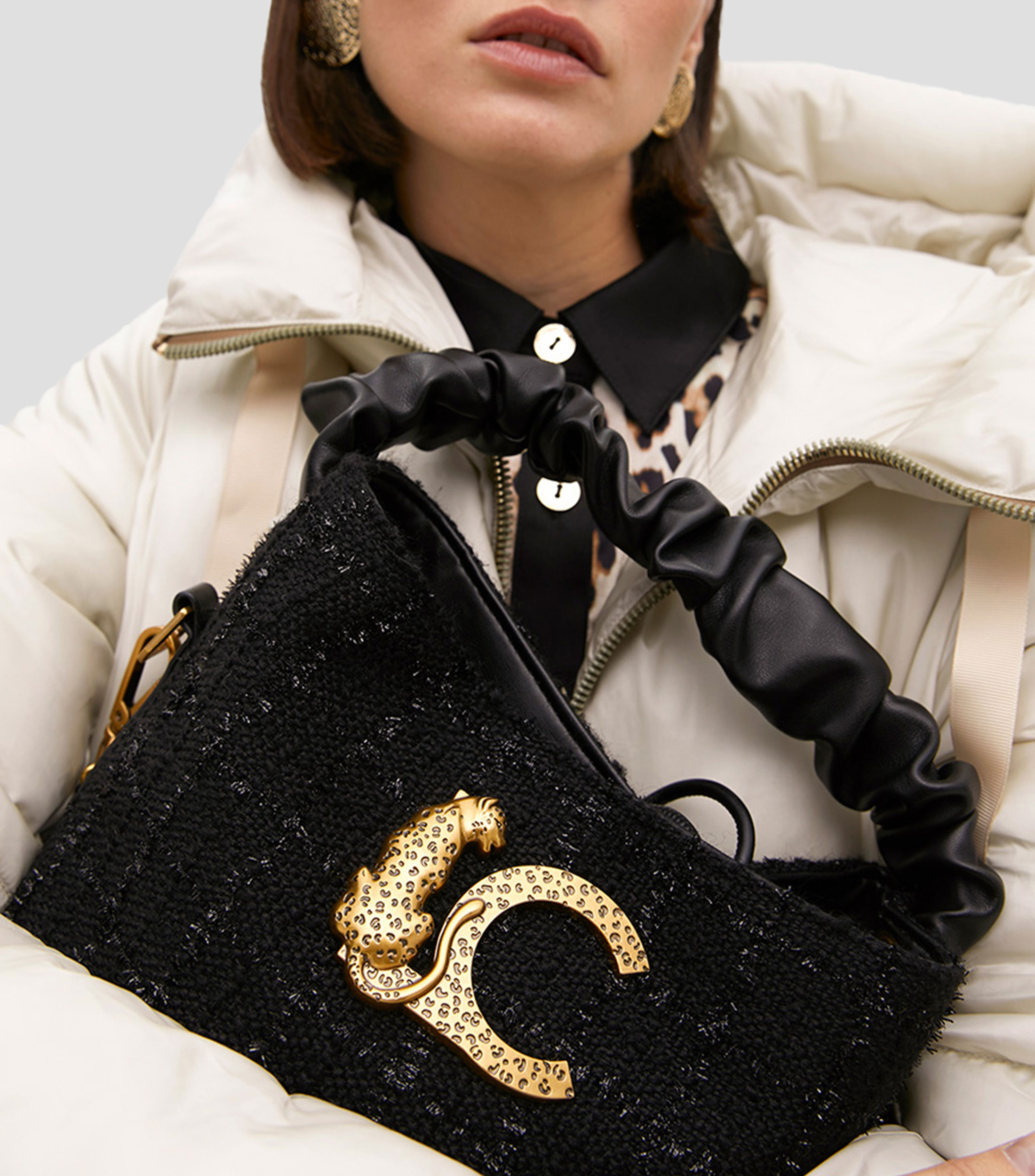 Bolsa crossbody negra con tweed Mujer