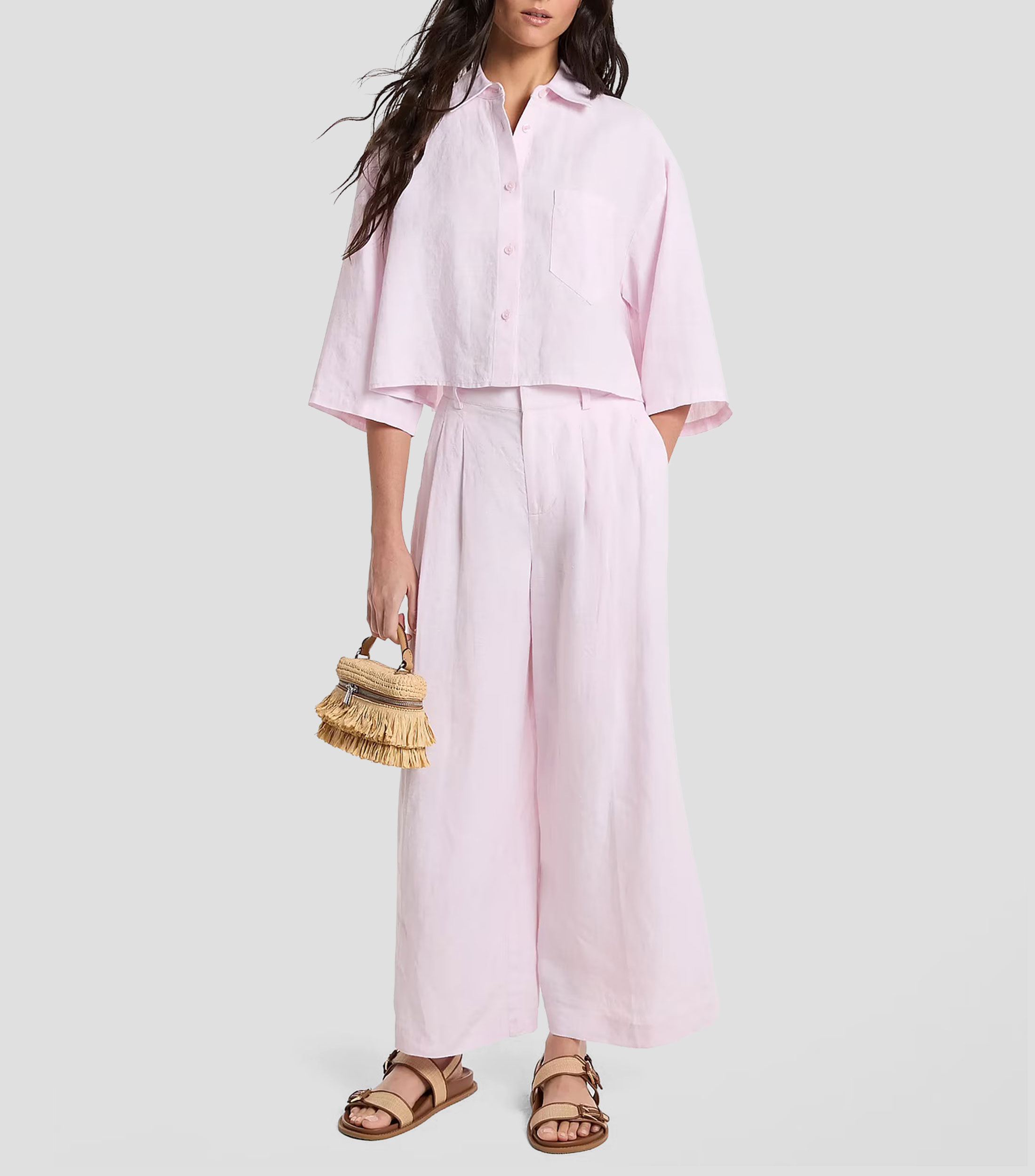 Camisa lisa de lino manga 3/4 Mujer