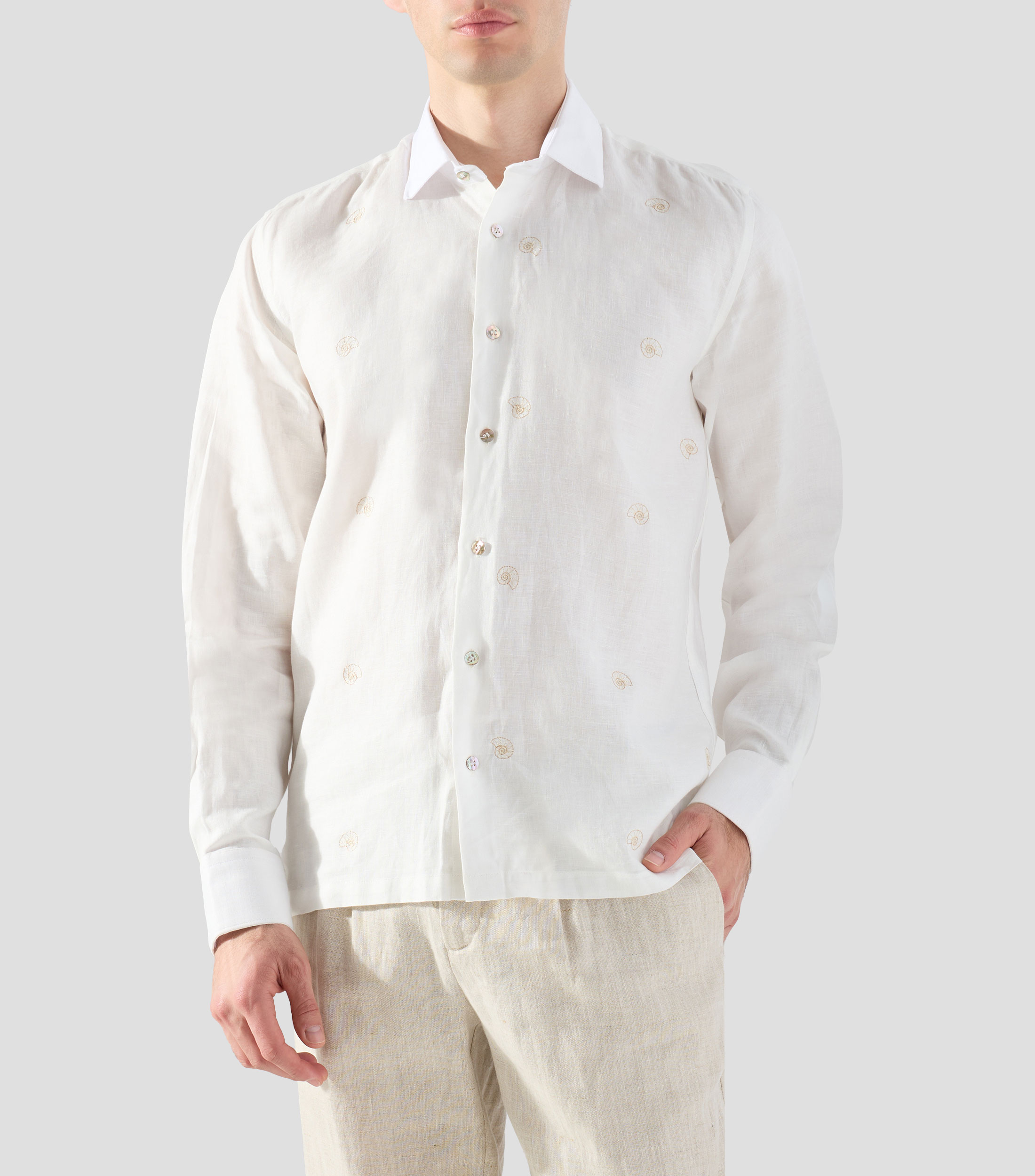 Camisa bordada en lino con manga larga Hombre