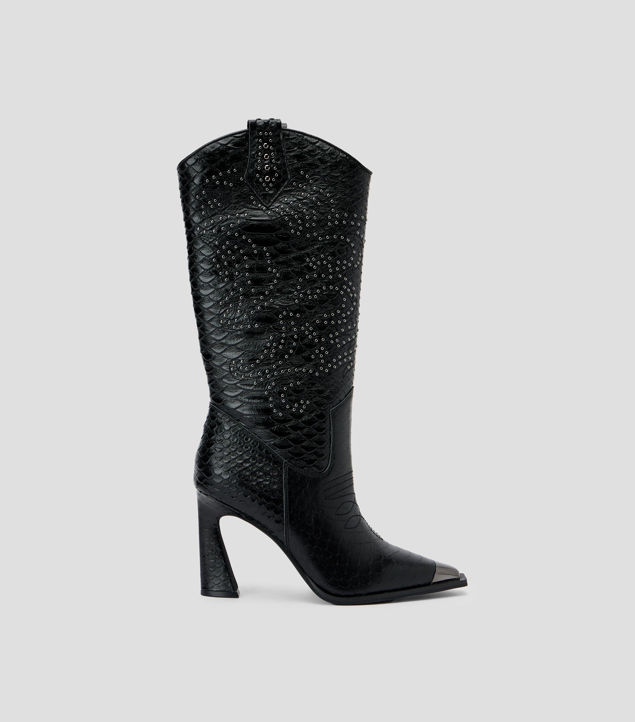 Botas vaqueras tacón alto delgado en piel con aplique Mujer