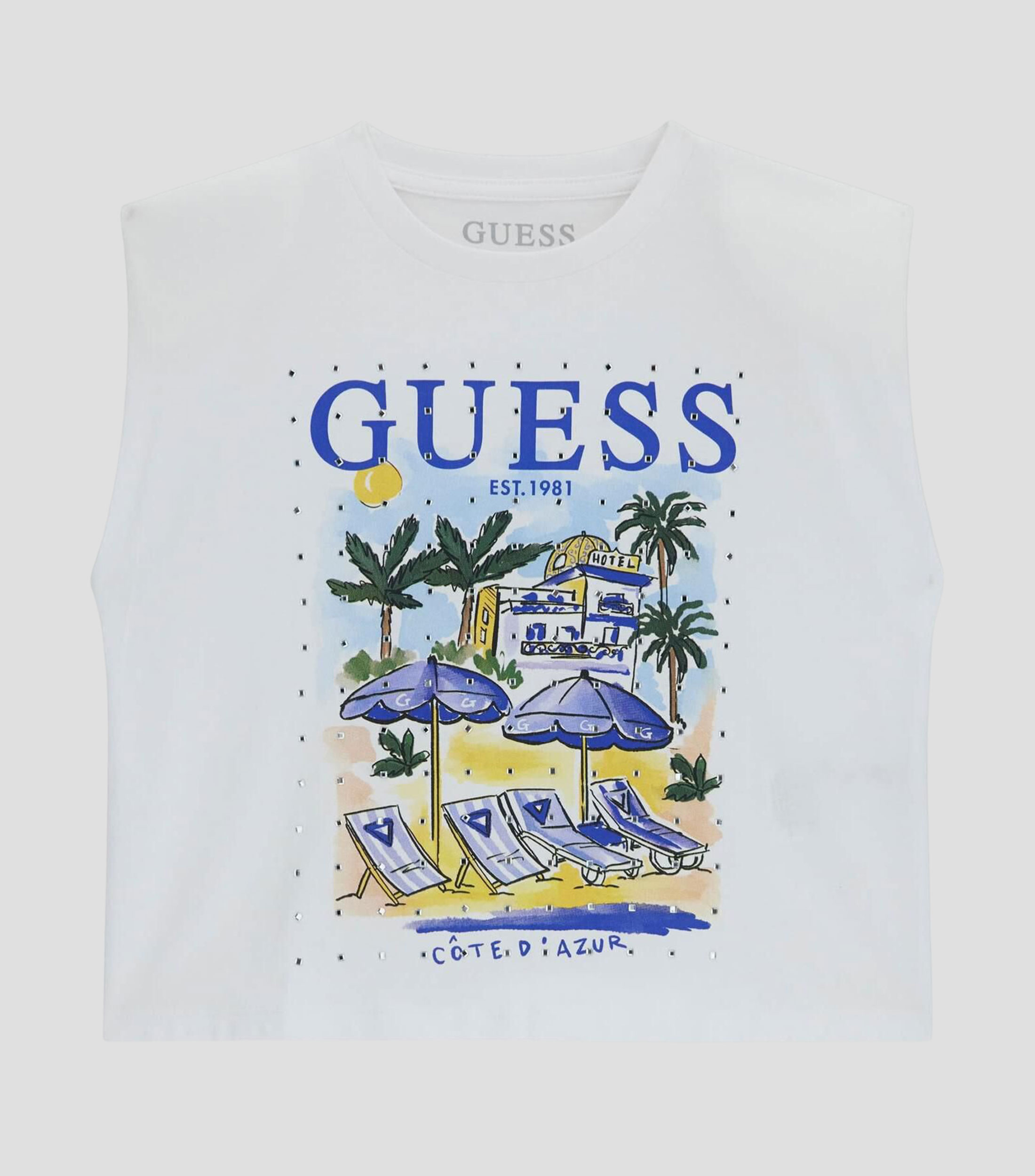 Playera cuello redondo sin mangas estampada Niña