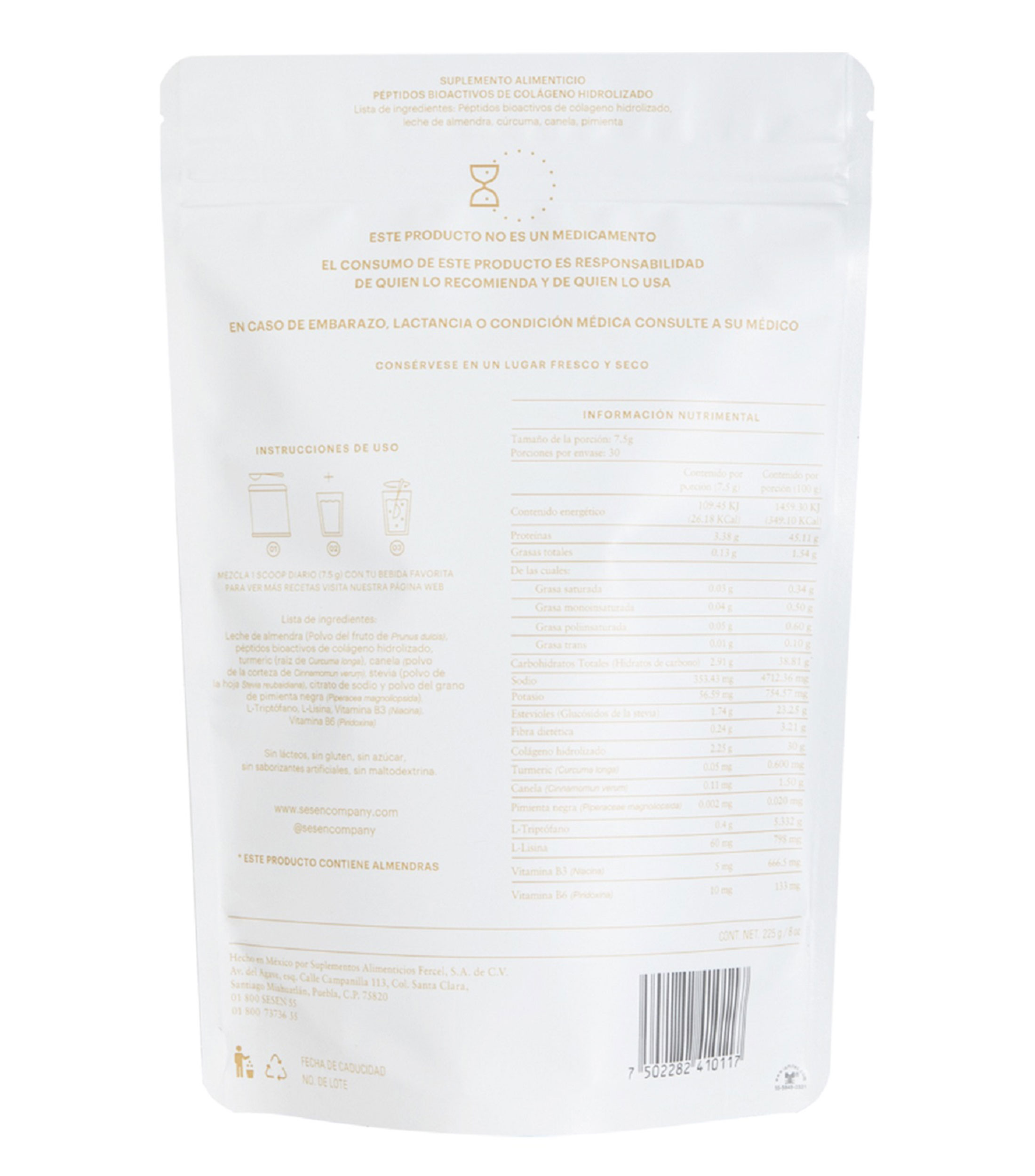 Suplemento alimenticio Golden Milk péptidos bioactivos, 225 g