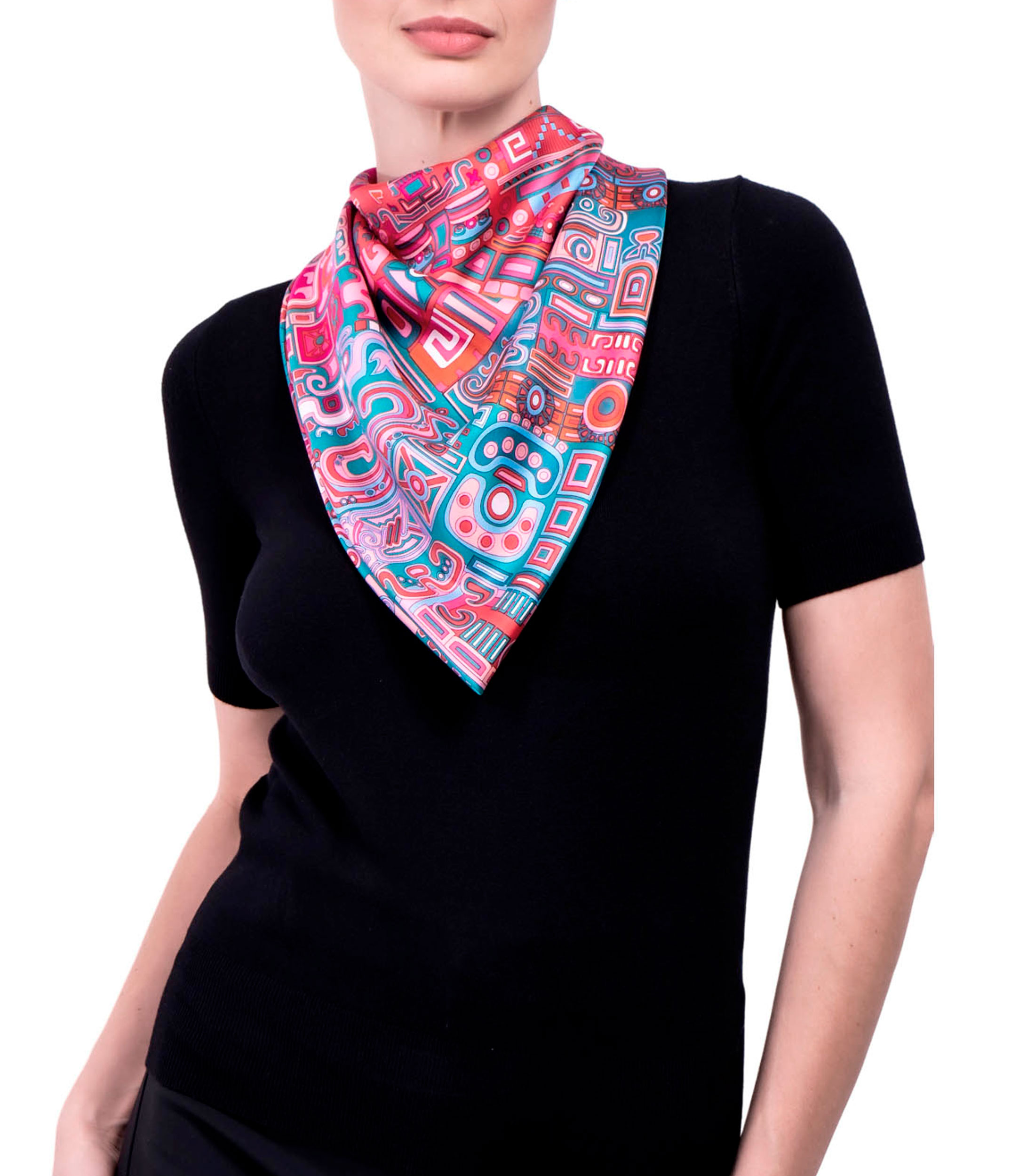 Mascada de seda fucsia con decorado prehispánico Mujer