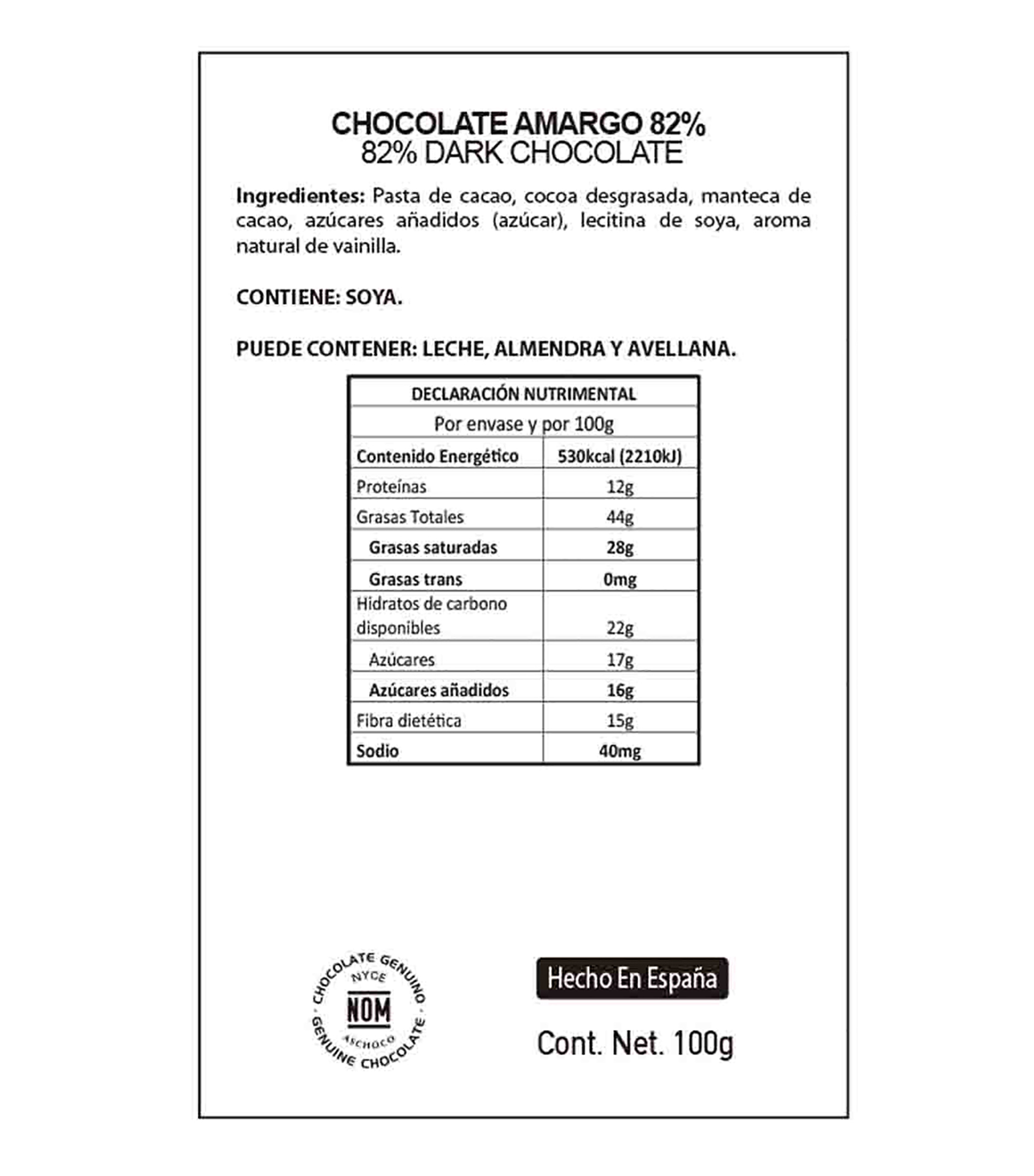Chocolate Amargo 82 Cacao Negro Supremo, 100 g