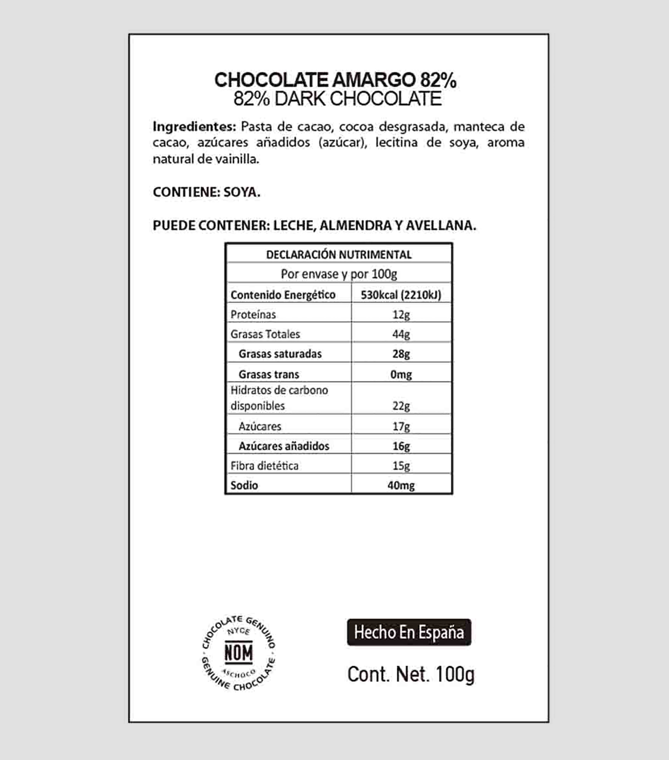 Chocolate Amargo 82 Cacao Negro Supremo, 100 g