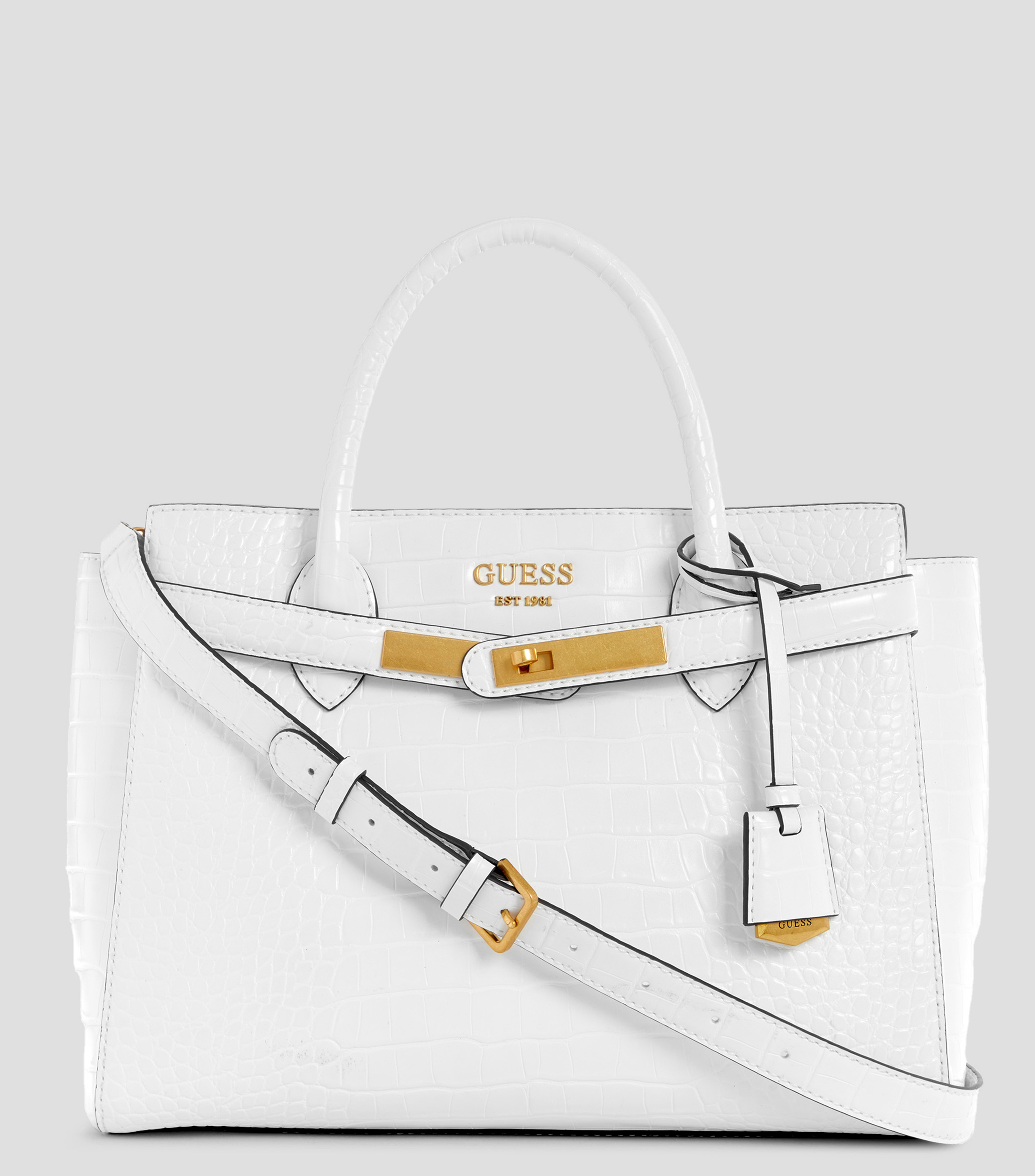 Guess: Bolso Satchel blanco Enisa Mujer