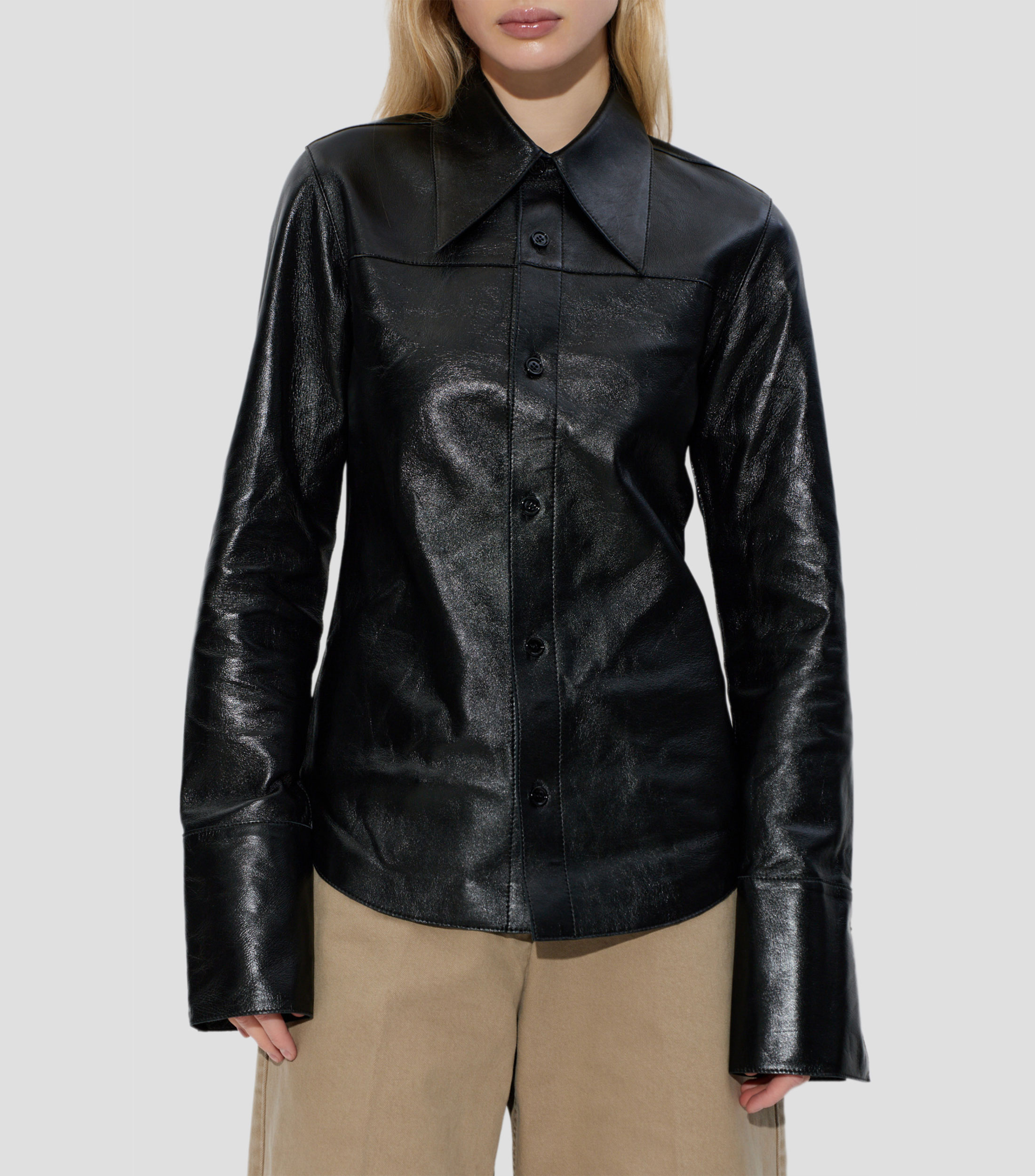 Camisa en piel lisa con manga larga Mujer