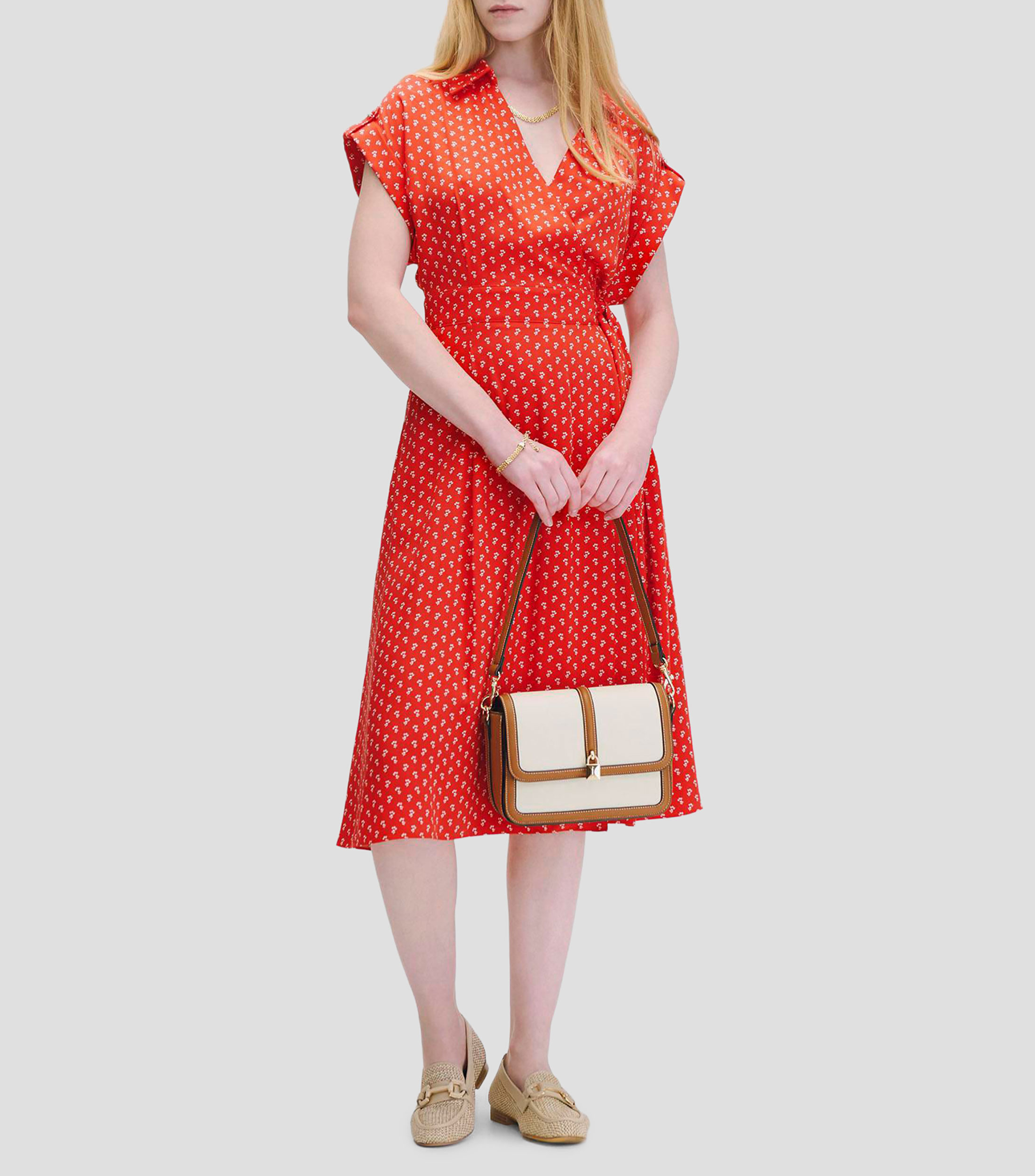 Vestido Midi Rojo Escarlata diseño Floral Manga Sisa Mujer