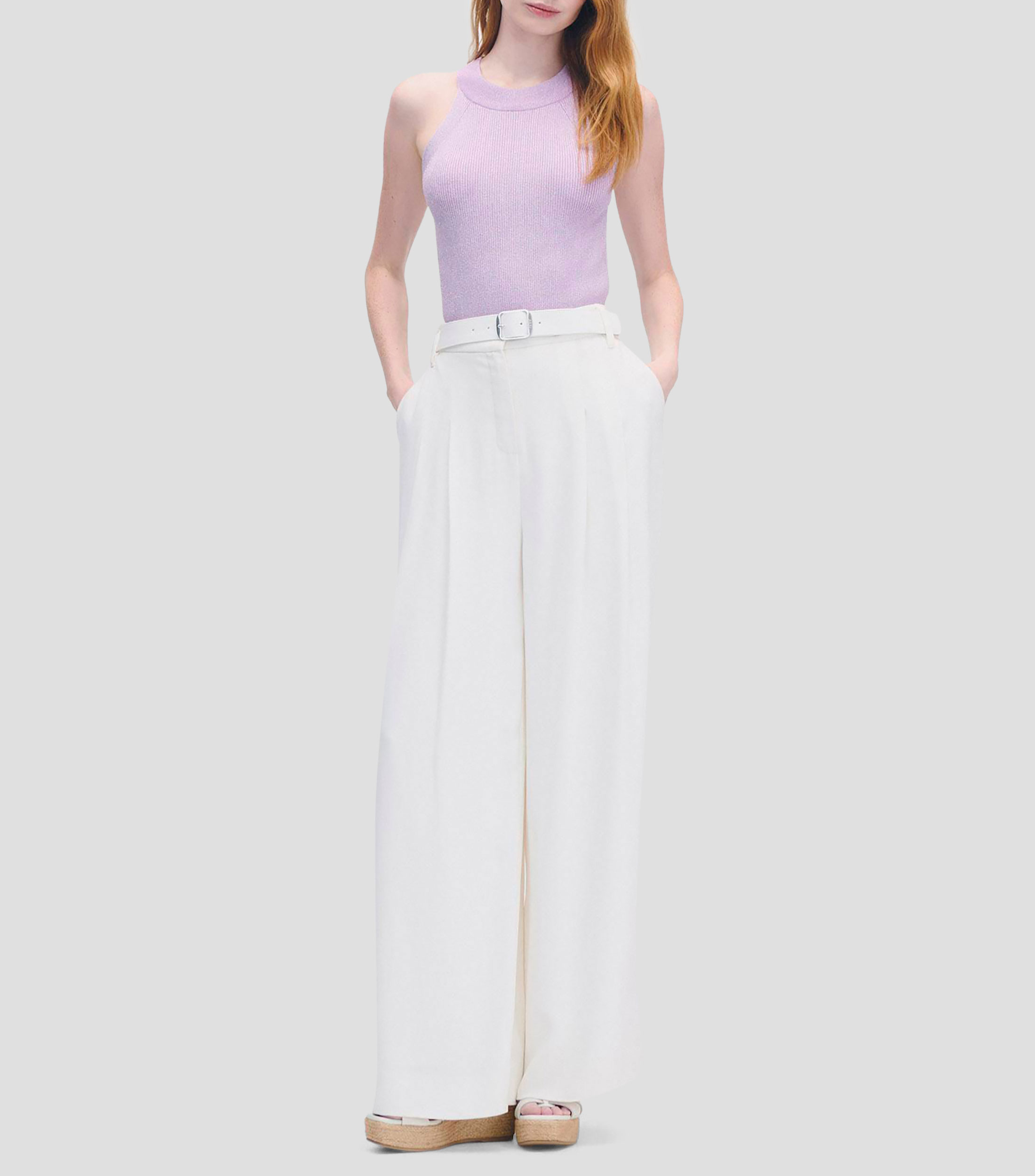 Pantalón Palazzo Tejido Piqué Con Pinzas Mujer