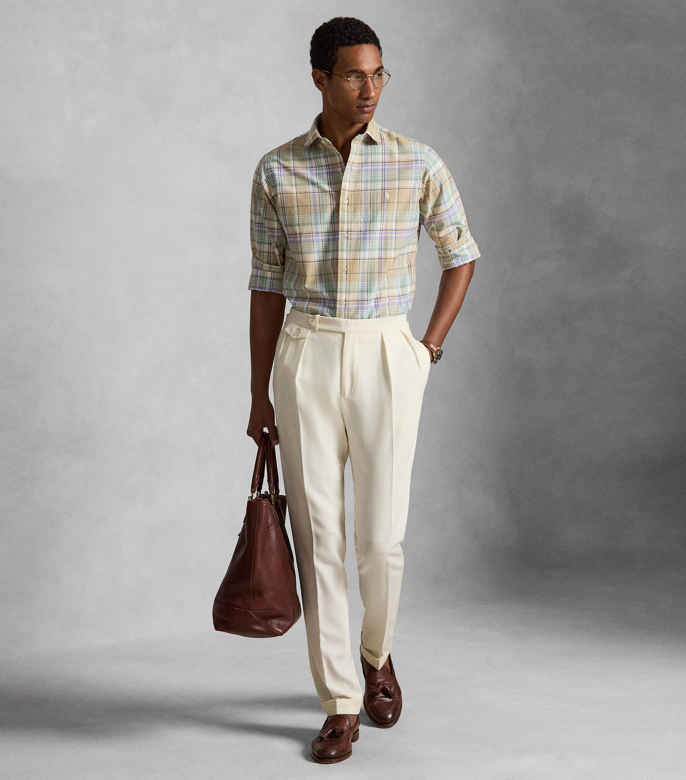 Camisa Oxford con cuadros manga larga Hombre