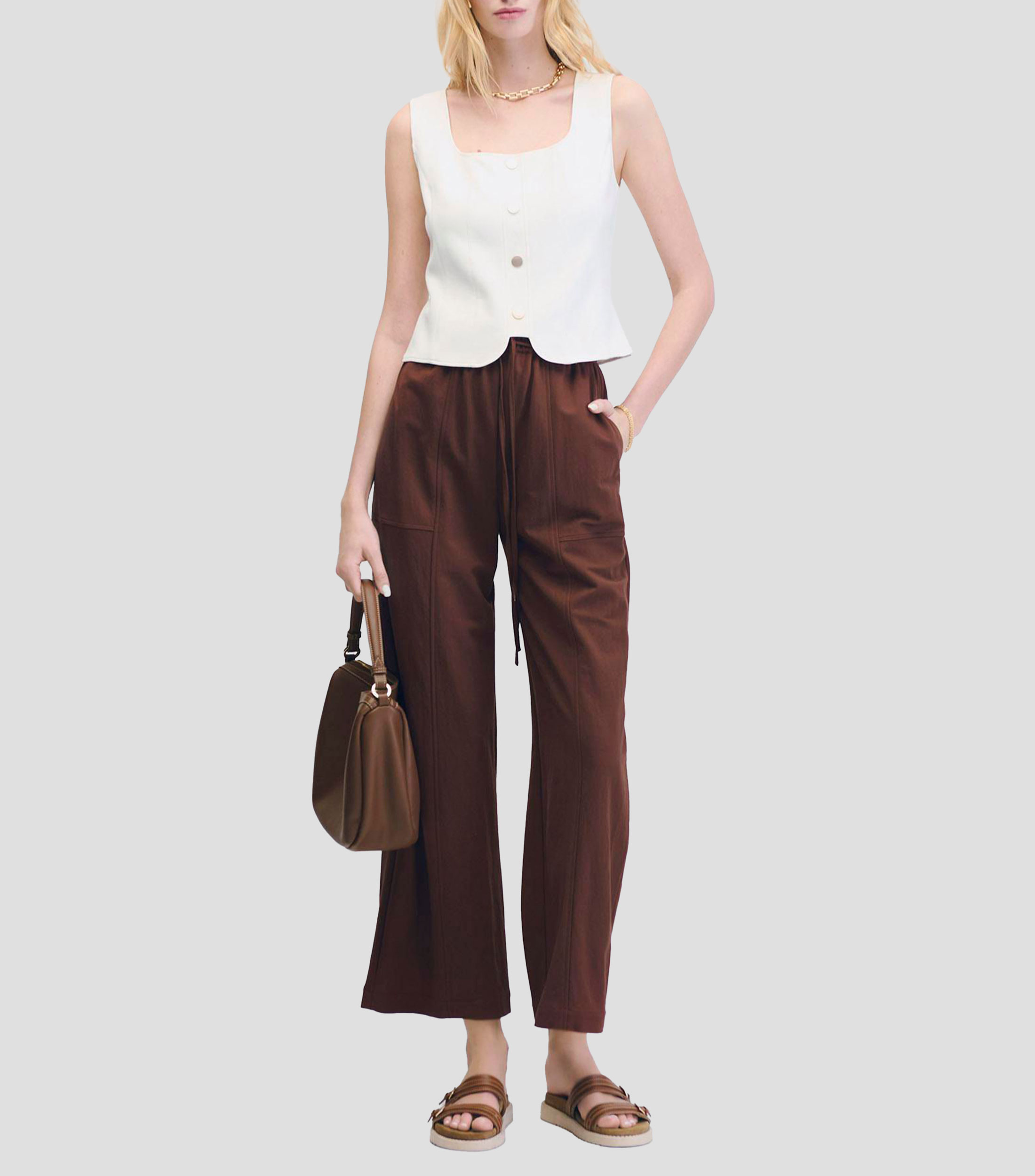 Pantalón Wideleg Tiro Alto Teja Pretina Enresortada con Jareta Mujer