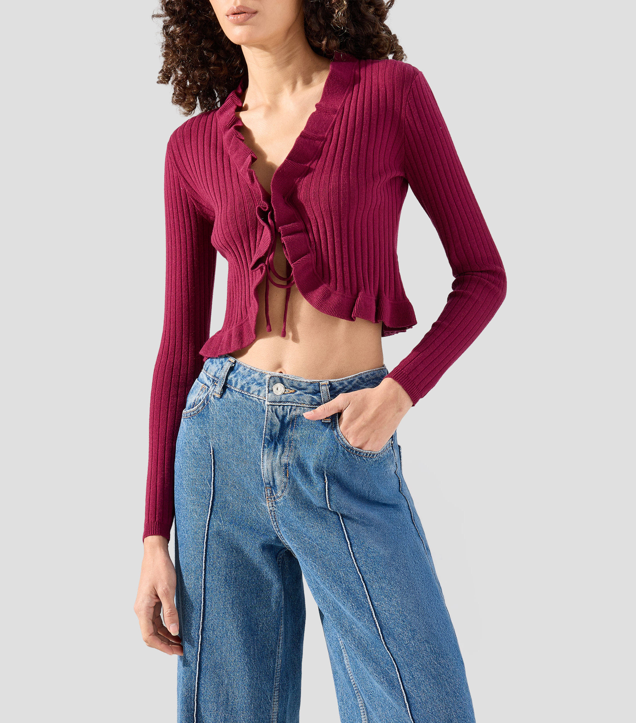Blusa lisa con olanes manga larga Mujer
