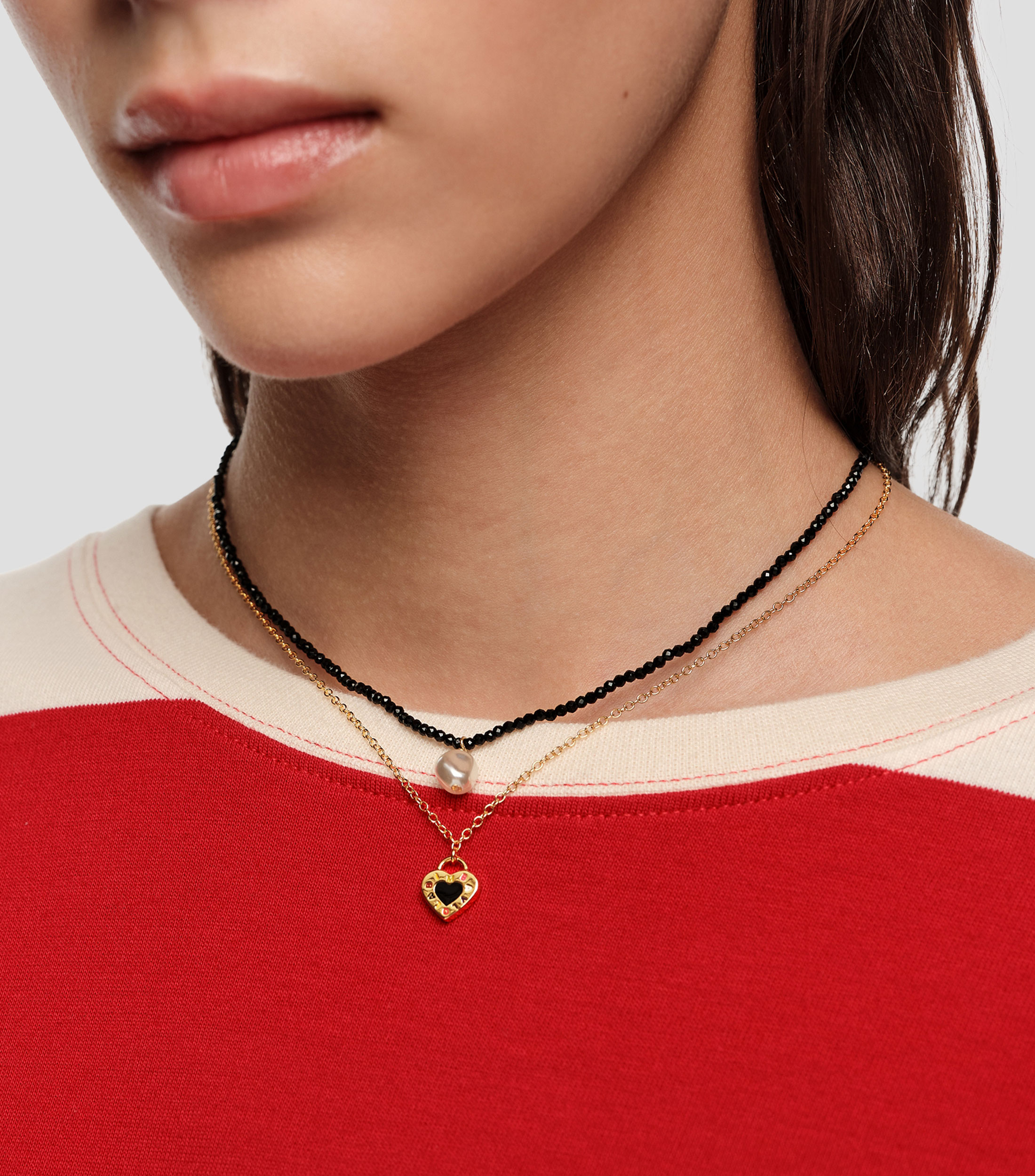 Collar doble cristales negros y perla Mujer