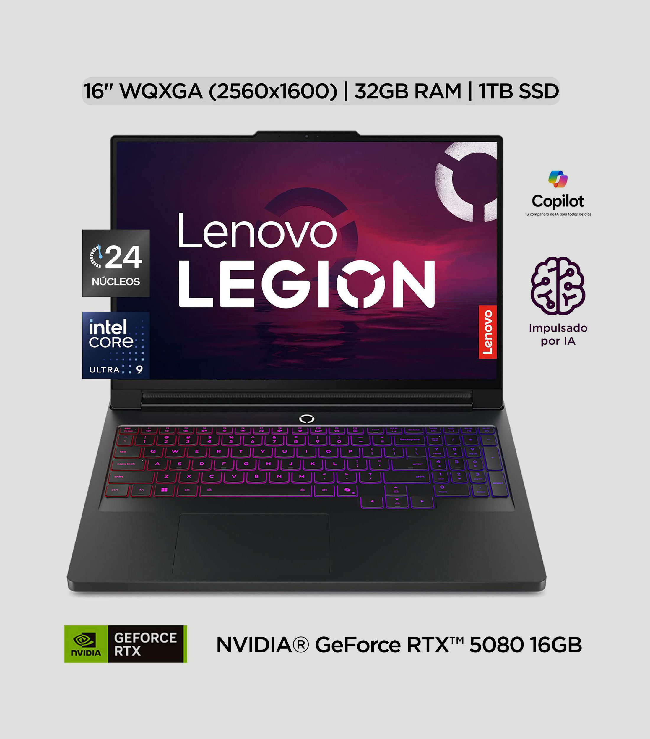 Laptop, Lenovo Gamer Legion Pro 7, 16", Intel Ultra 9, 32 GB RAM, 1TB SSD, RTX 5080, PC con IA
