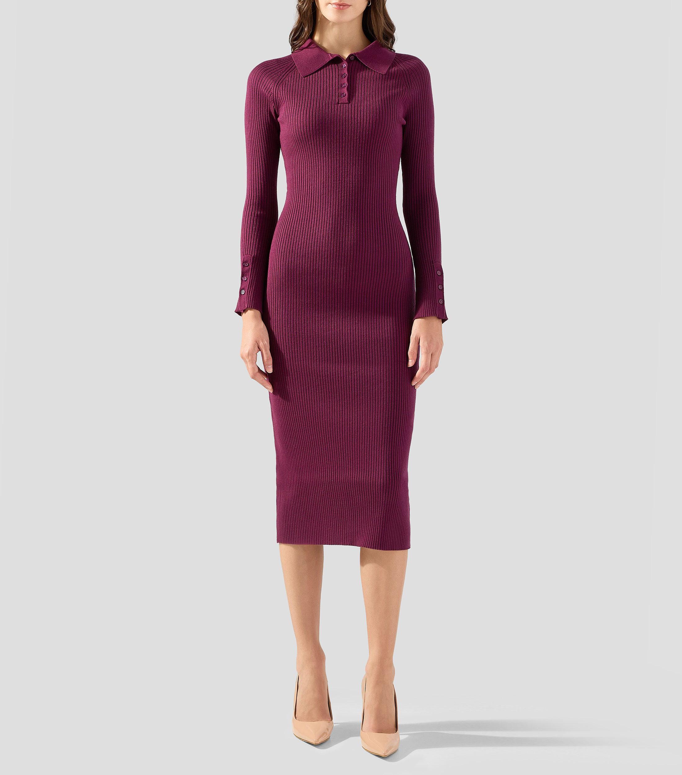 Vestido midi manga larga liso Mujer