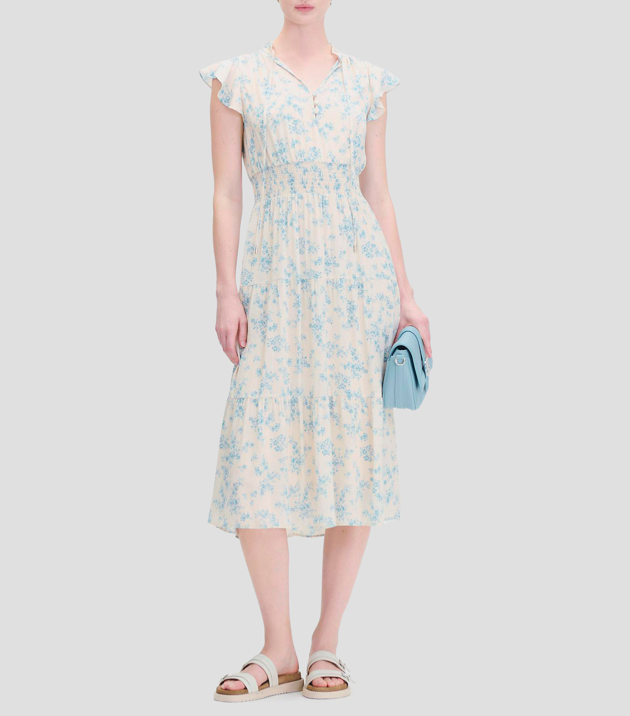 Vestido midi estampado floral Aura enresortado en cintura manga escarola Mujer