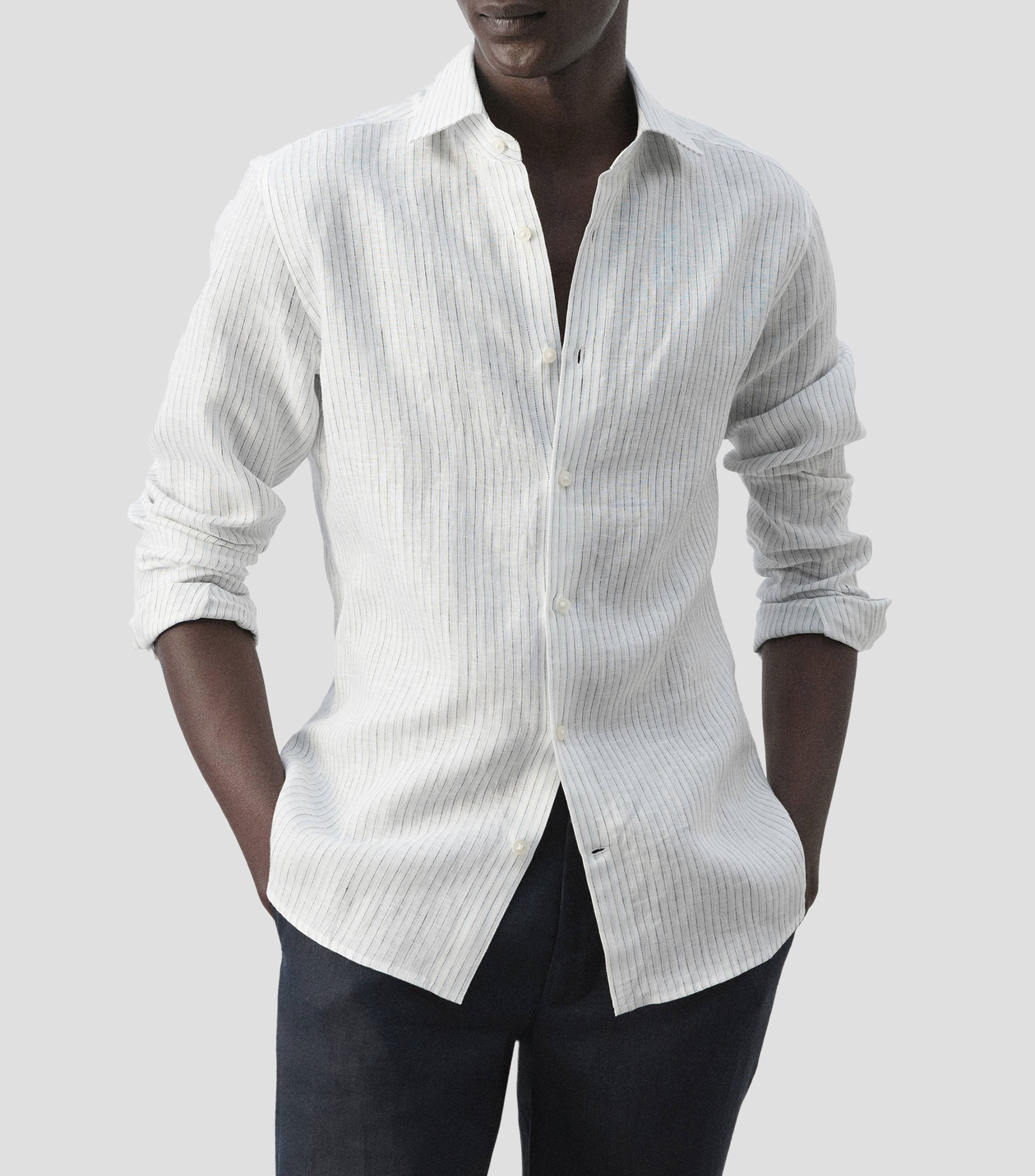 Camisa líneas de lino manga larga Hombre