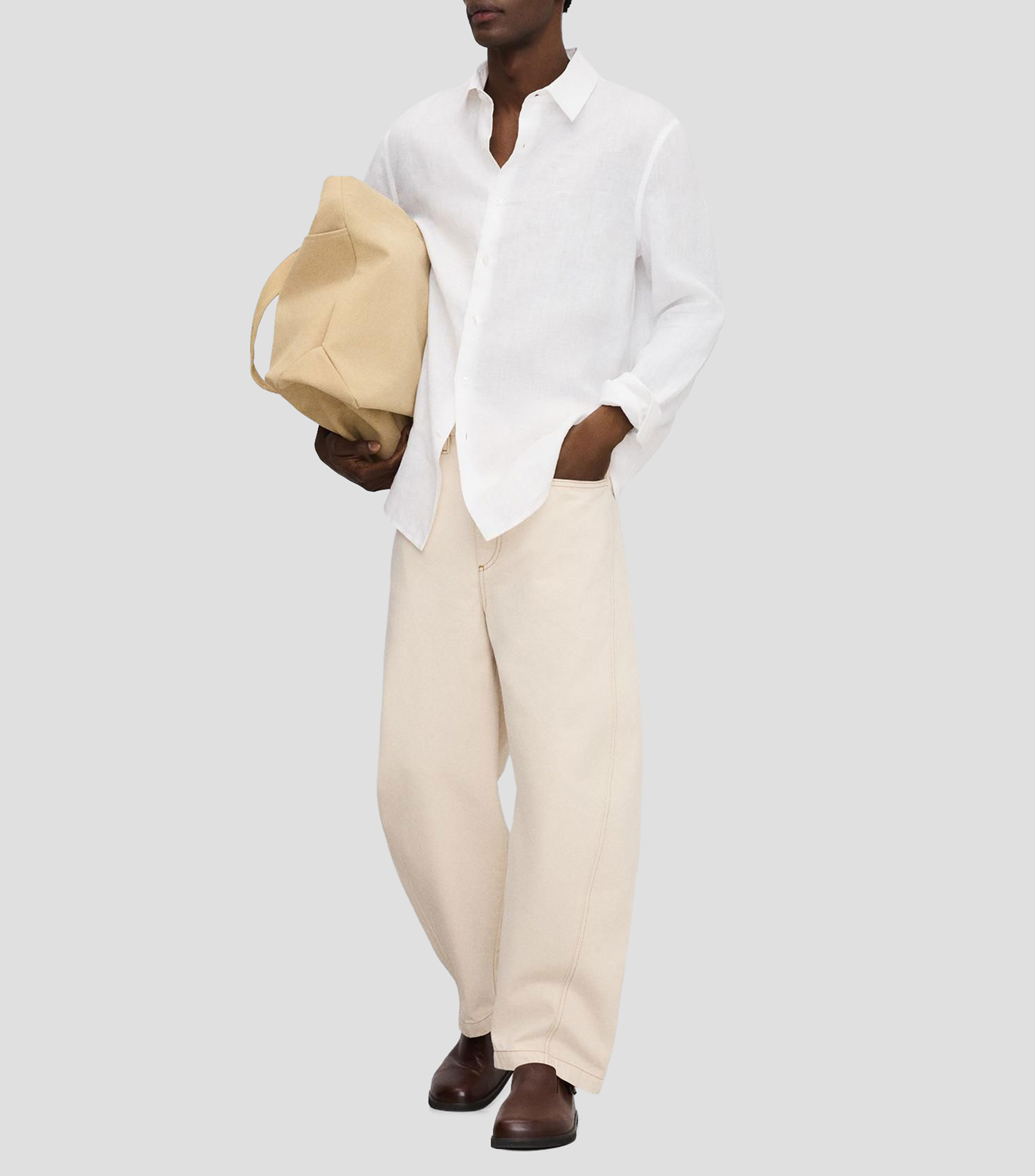 Camisa lisa en lino manga larga Hombre