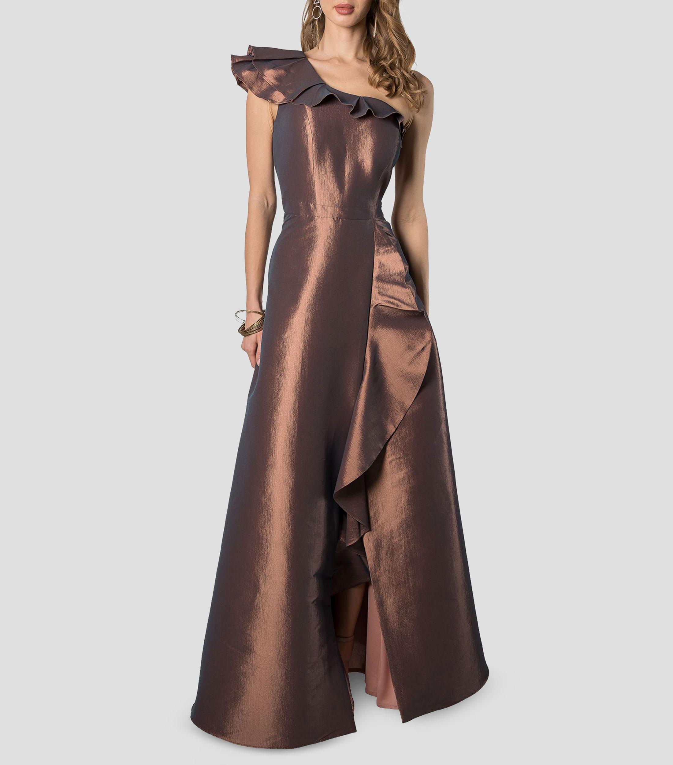 Vestido de fiesta largo liso con olanes Mujer