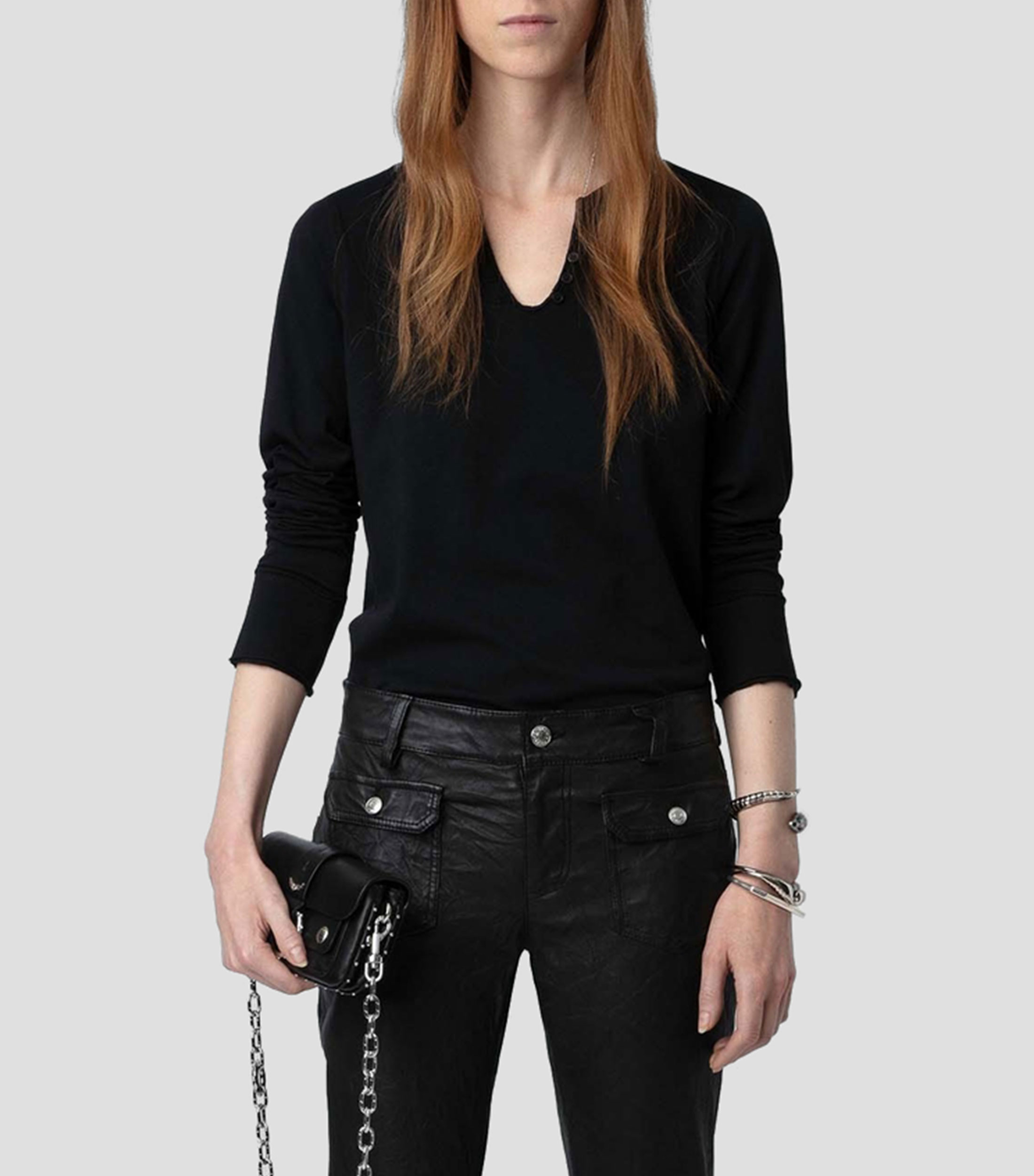 Playera de cuello V y manga larga Mujer