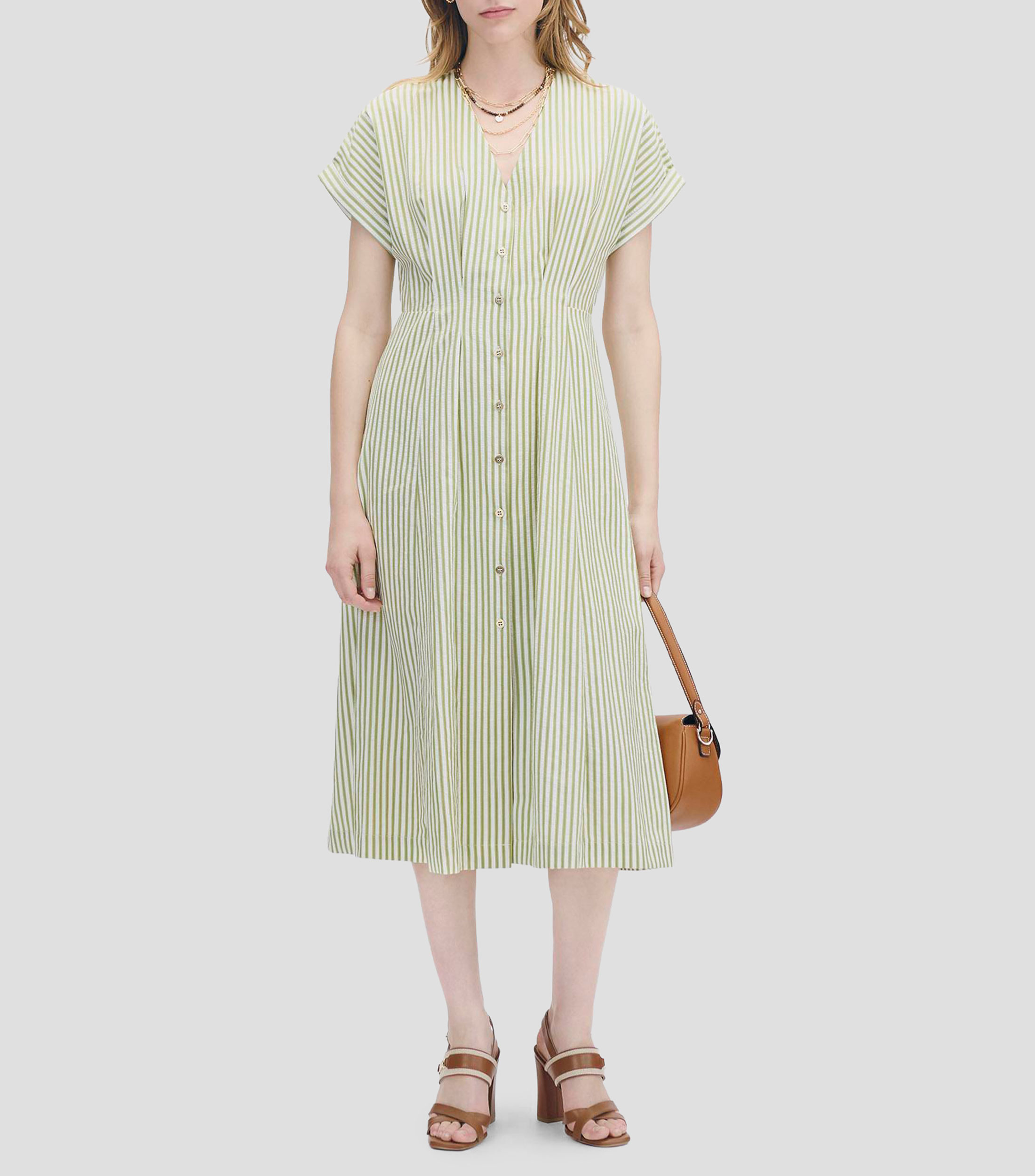 Vestido midi línea A con textura a rayas manga sisa Mujer